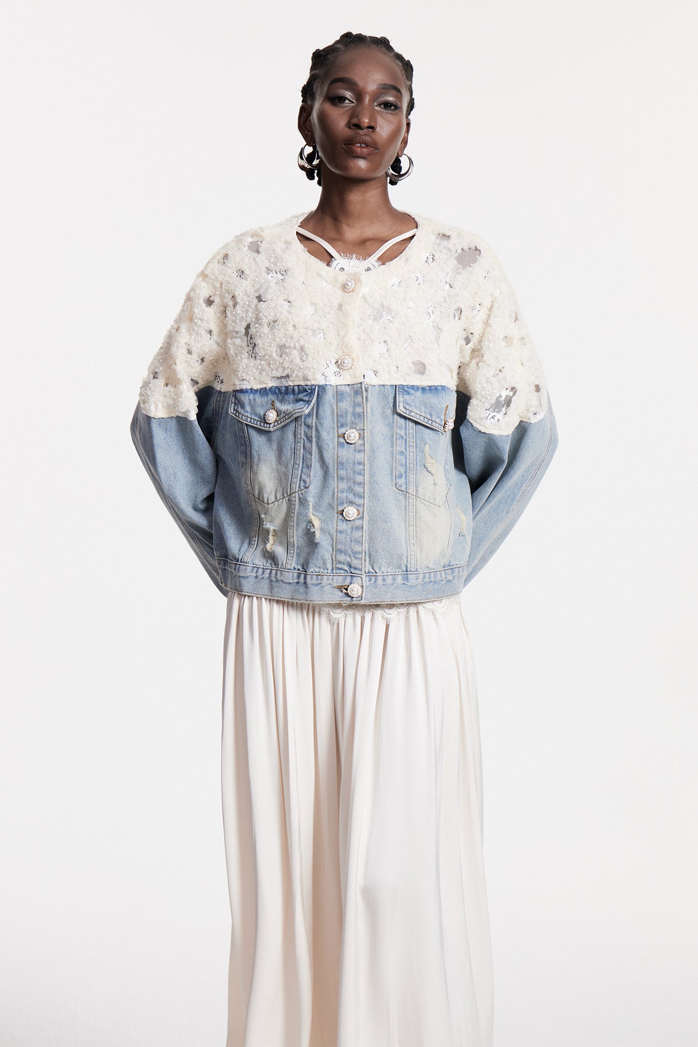 Bakhtiyar Embroidered Sequin Denim Jacket In White