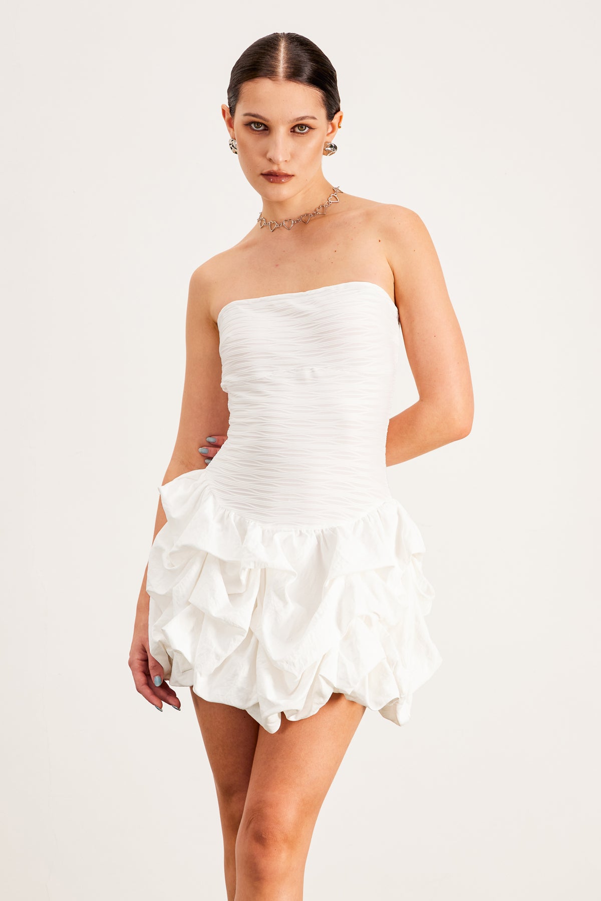 Baldric Strapless Ruch Puff Mini Dress In White