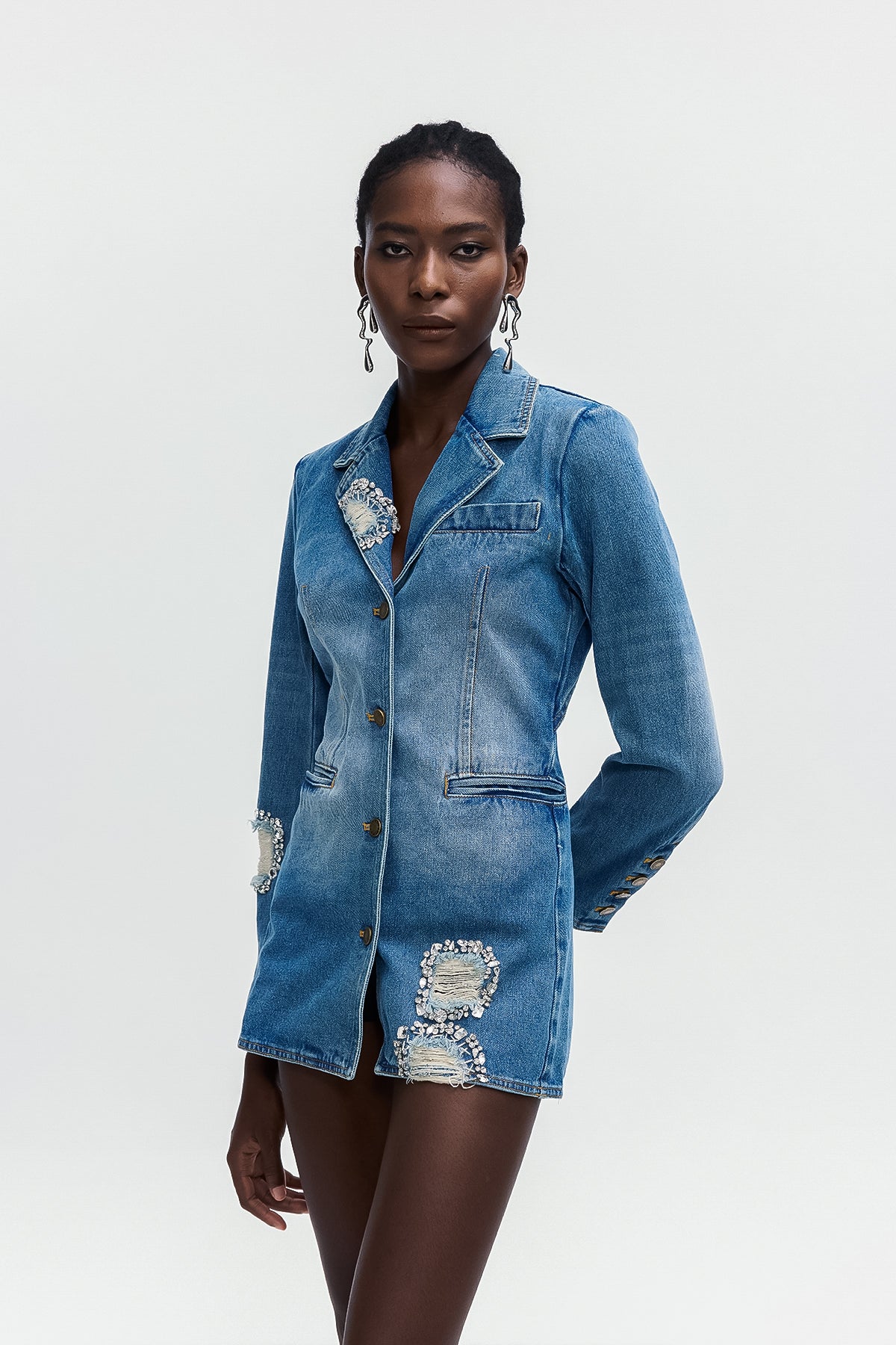 Baldwin Rhinestone Cutout Lapel Denim Mini Dress