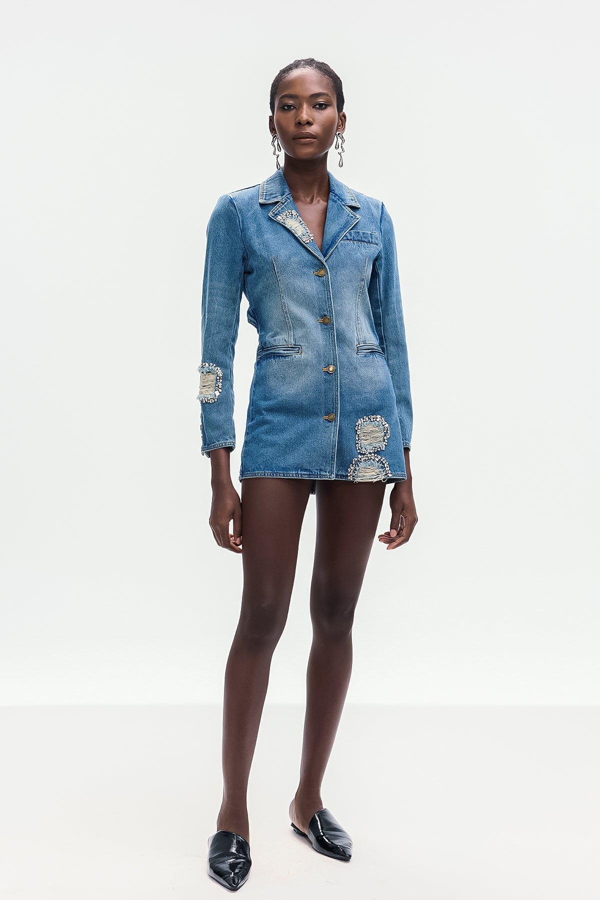 Baldwin Rhinestone Cutout Lapel Denim Mini Dress