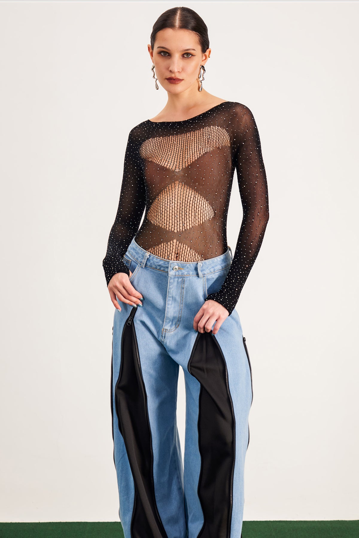 Barbare Rhinestone Cutout Mesh Bodysuit