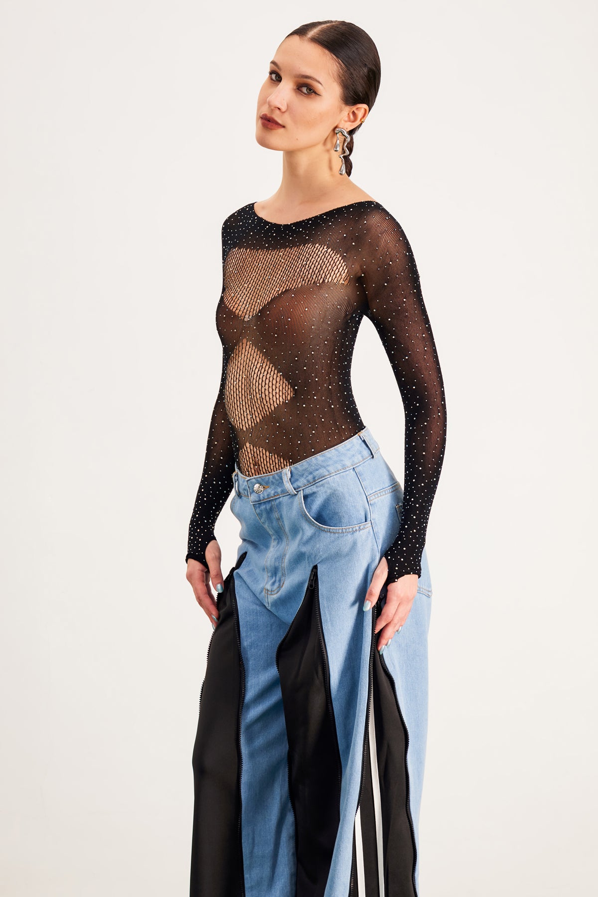 Barbare Rhinestone Cutout Mesh Bodysuit