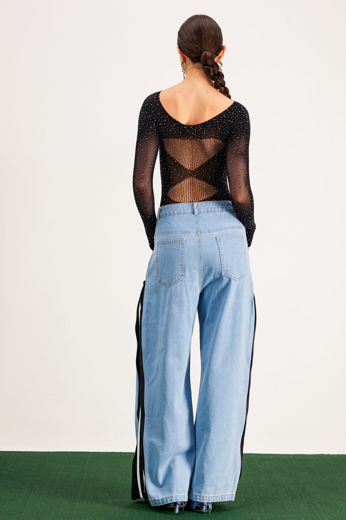 Barbare Rhinestone Cutout Mesh Bodysuit