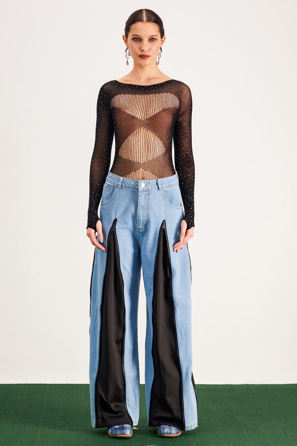 Barbare Rhinestone Cutout Mesh Bodysuit