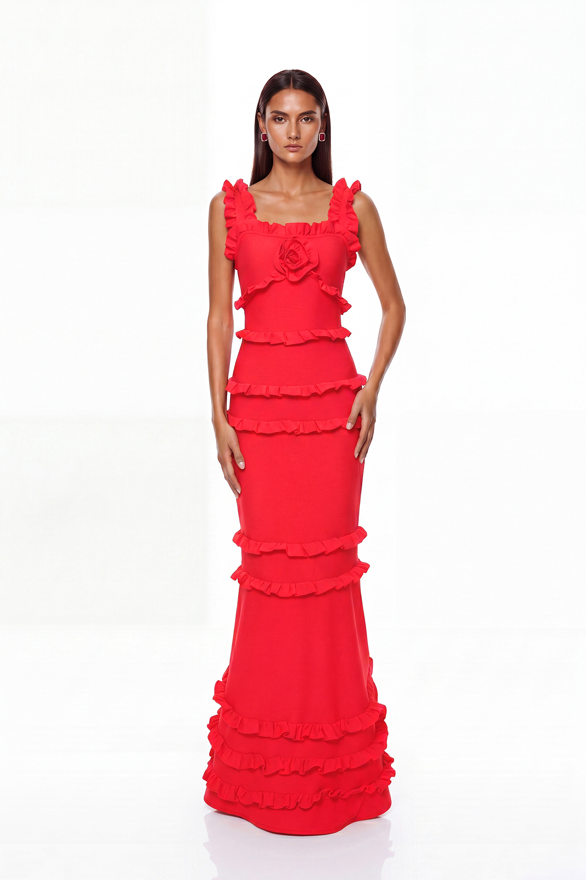Bartholomaios Bandage Ruffle Flower Maxi Dress In Red