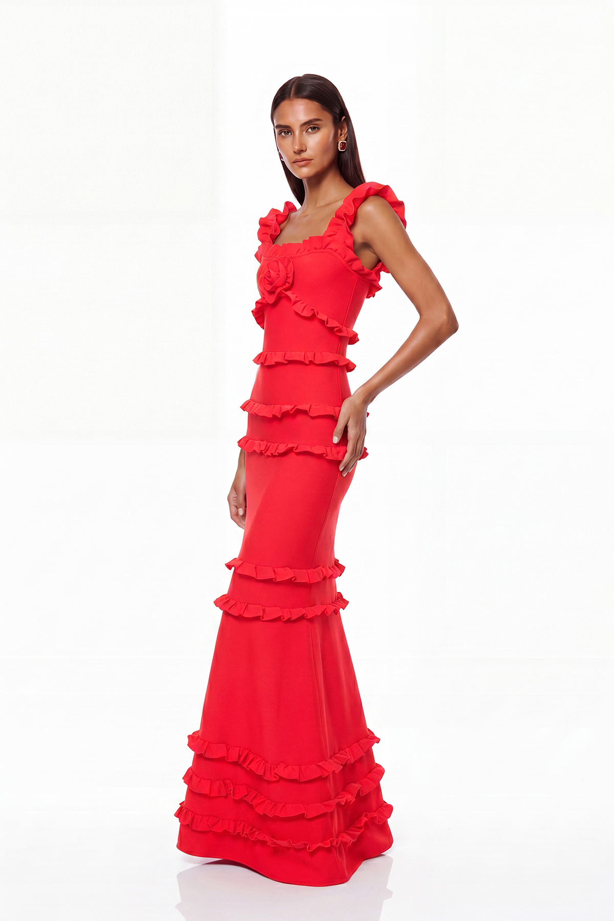 Bartholomaios Bandage Ruffle Flower Maxi Dress In Red