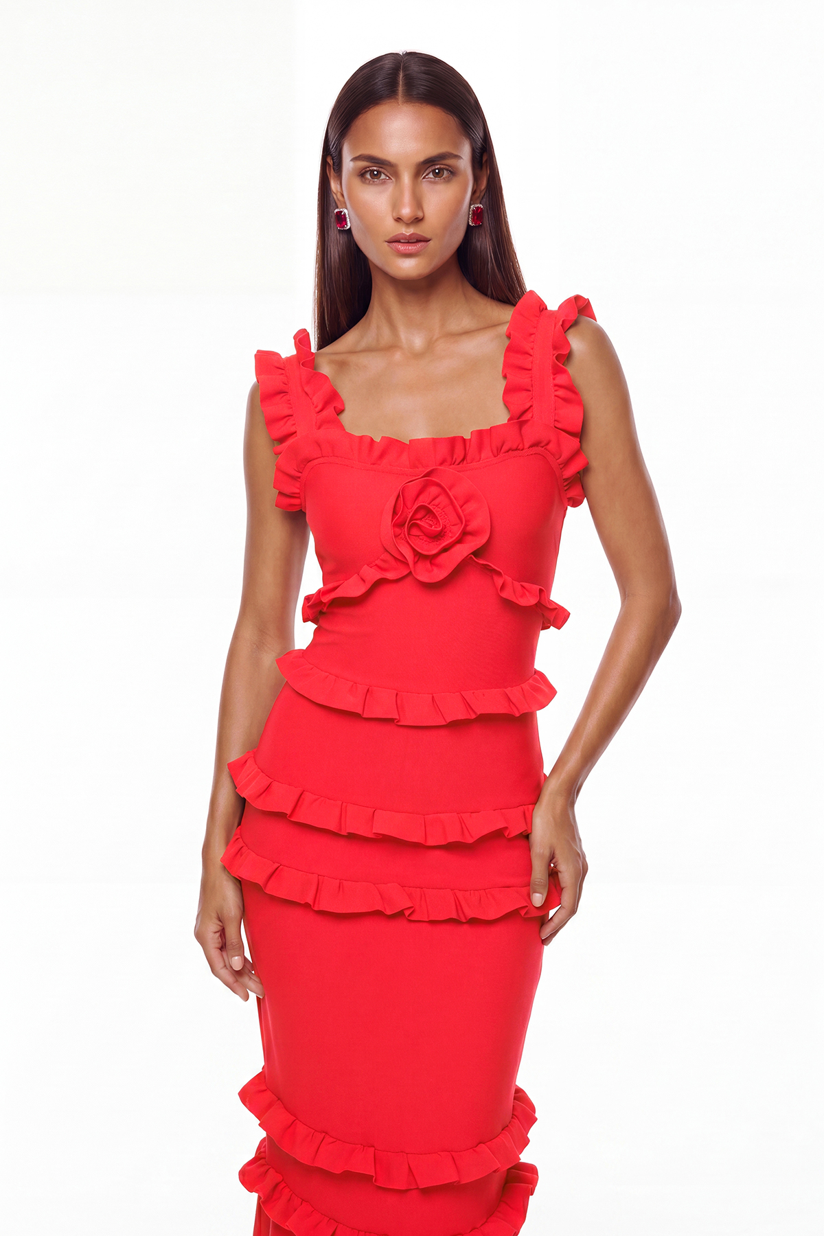 Bartholomaios Bandage Ruffle Flower Maxi Dress In Red