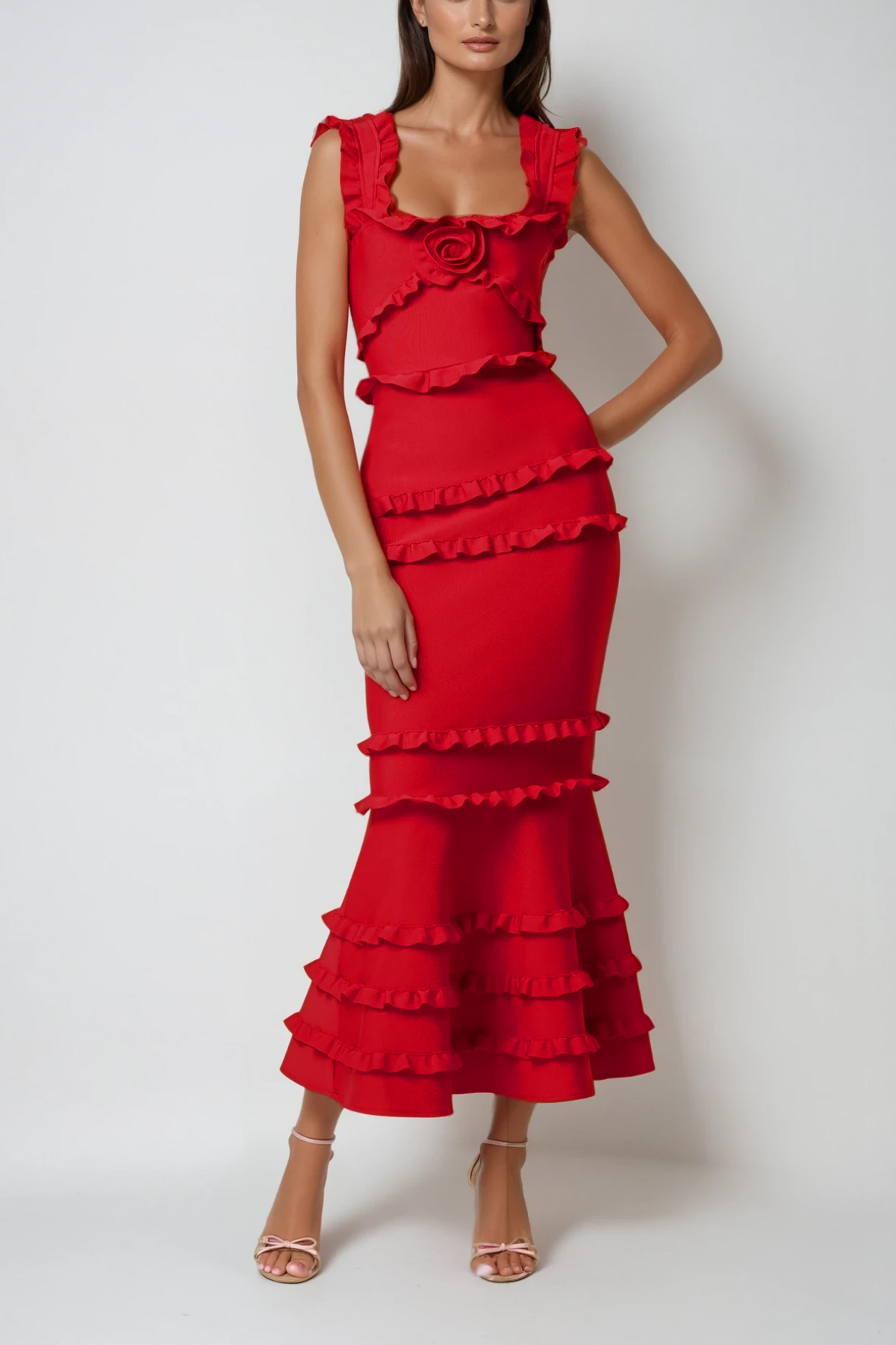 Bartholomaios Bandage Ruffle Flower Maxi Dress In Red