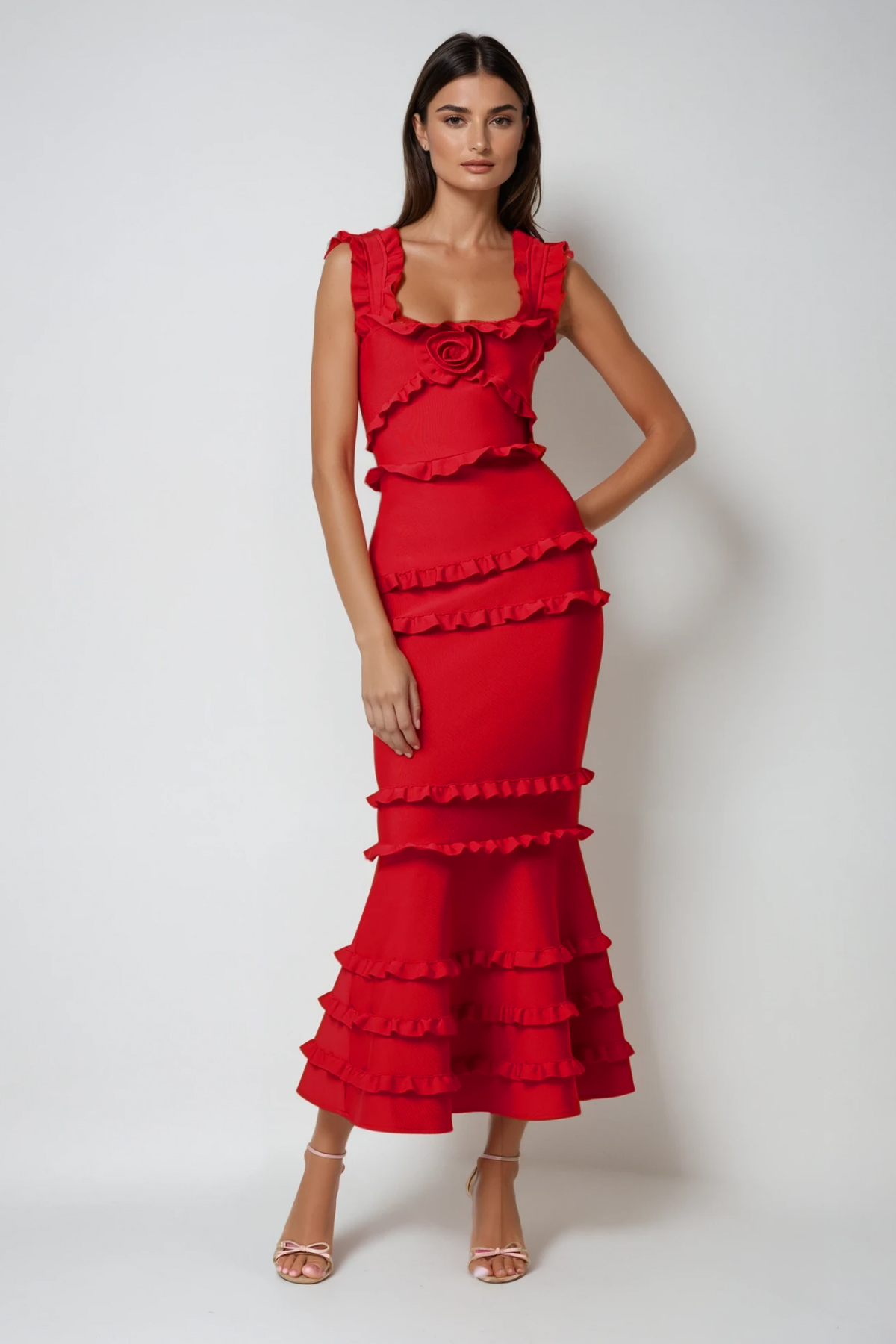 Bartholomaios Bandage Ruffle Flower Maxi Dress In Red