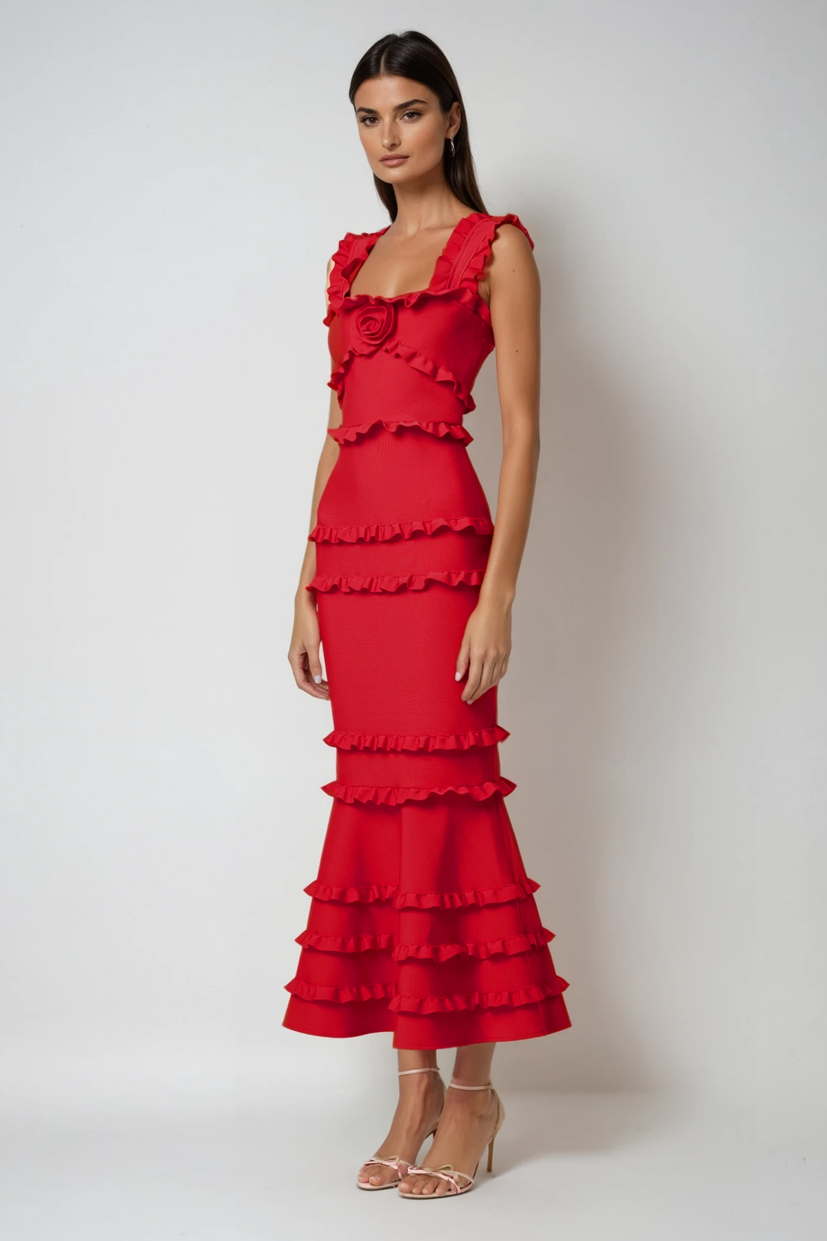 Bartholomaios Bandage Ruffle Flower Maxi Dress In Red