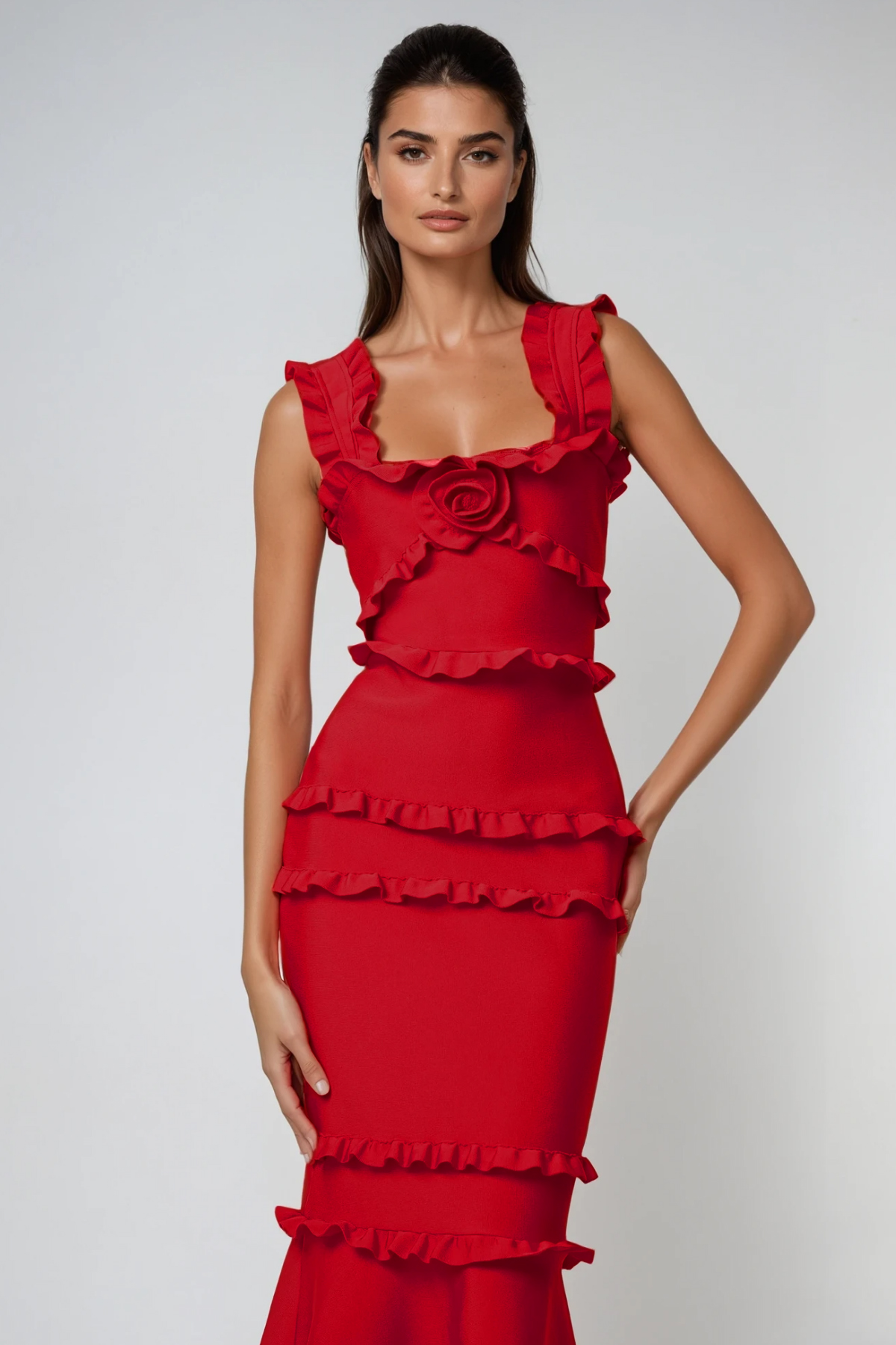 Bartholomaios Bandage Ruffle Flower Maxi Dress In Red