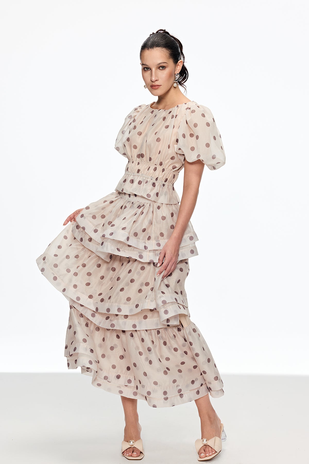 Bartholomei Balloon Sleeve Dot Ruffle Skirt Set