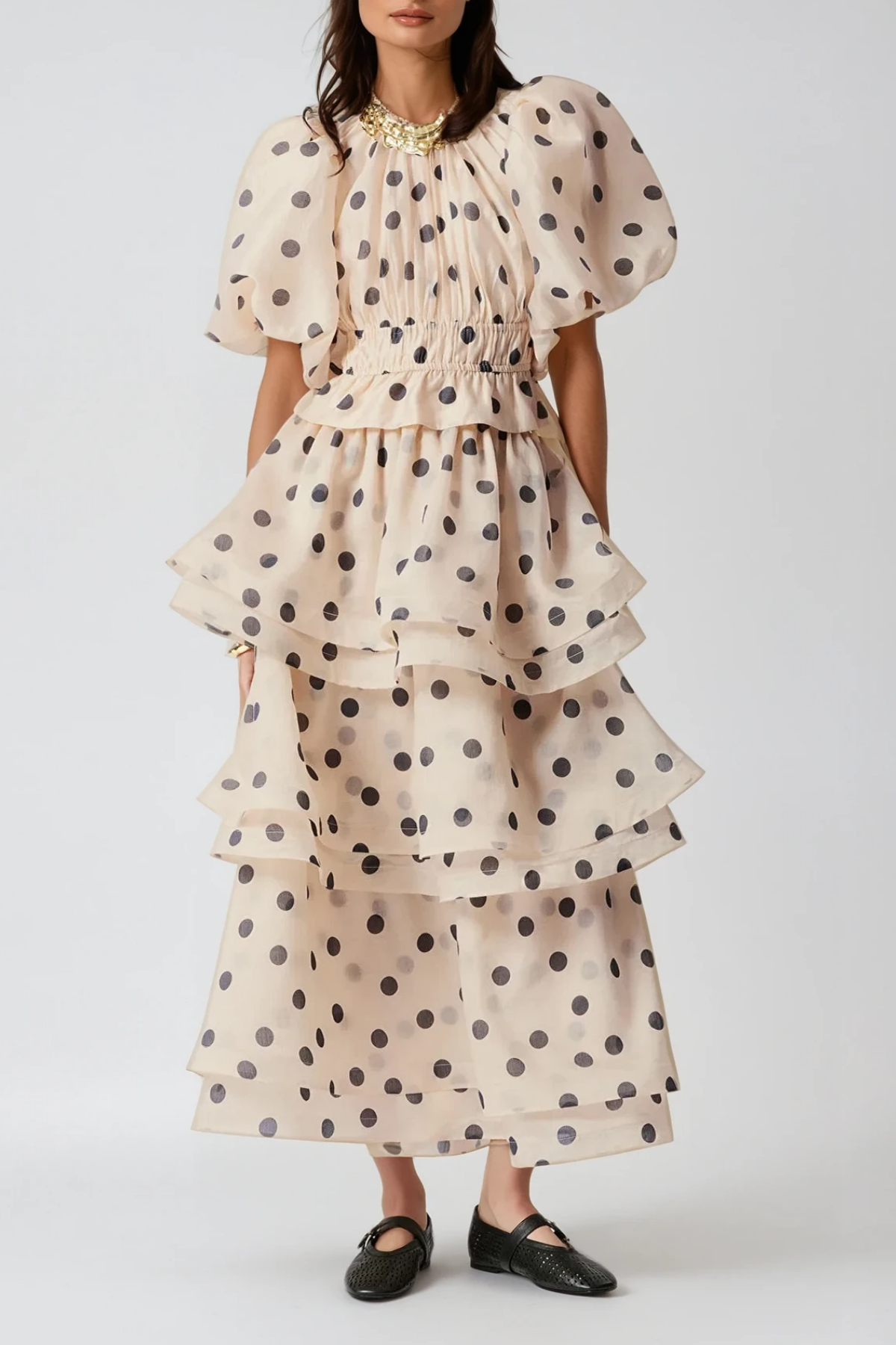 Bartholomei Balloon Sleeve Dot Ruffle Skirt Set