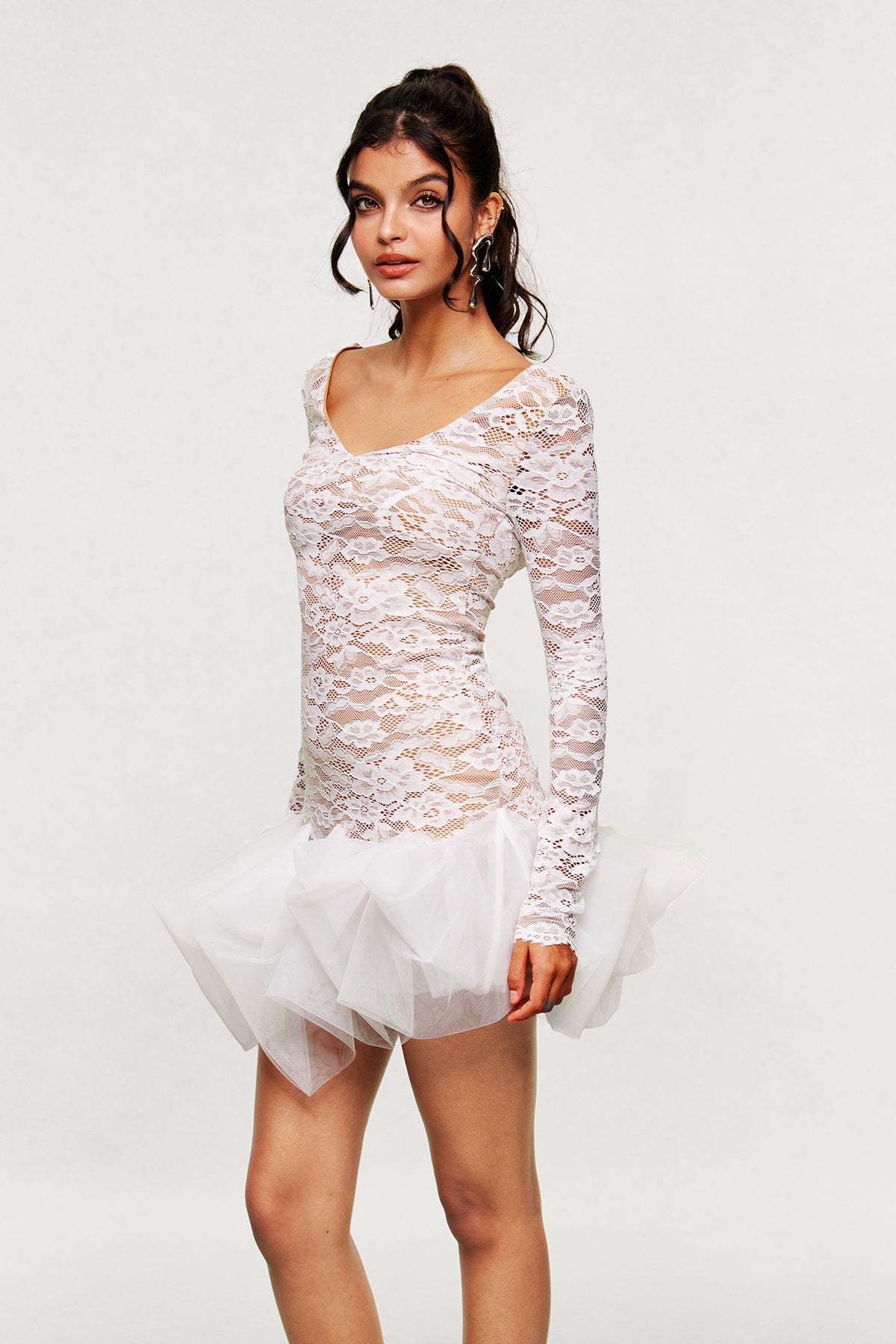 Barun Lace Mesh V Neck Mini Dress