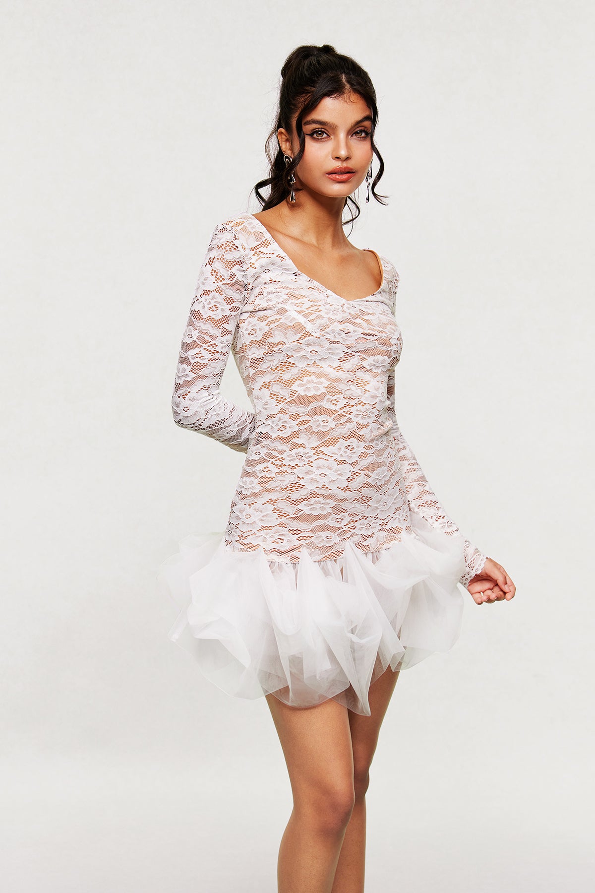 Barun Lace Mesh V Neck Mini Dress