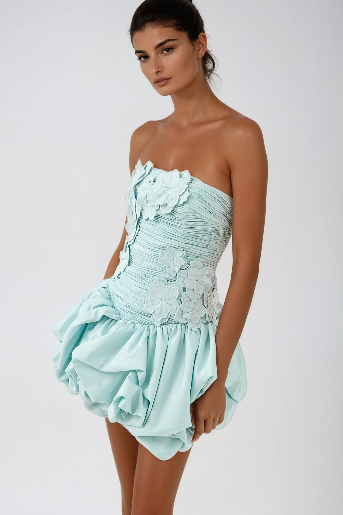 Batsheva Strapless Flower Ruch Puffy Mini Dress