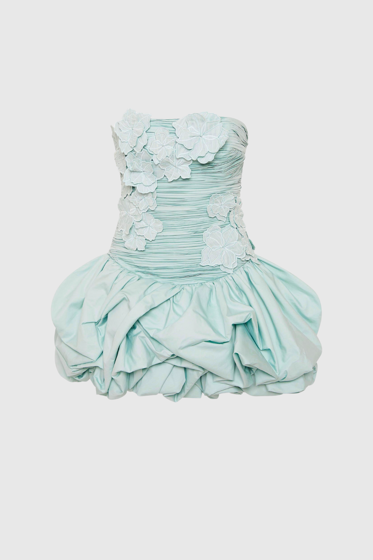 Batsheva Strapless Flower Ruch Puffy Mini Dress