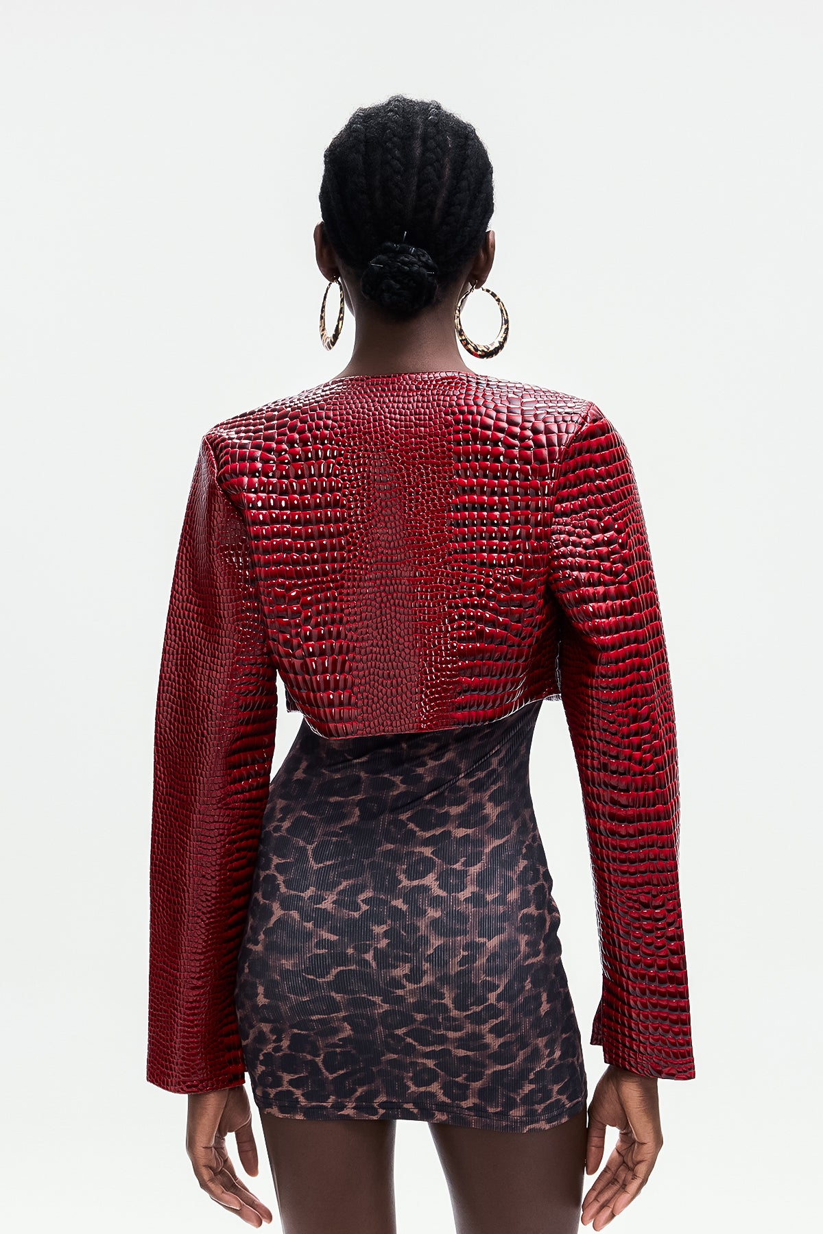 Beacher Crocodile Pattern Crop Leather Jacket