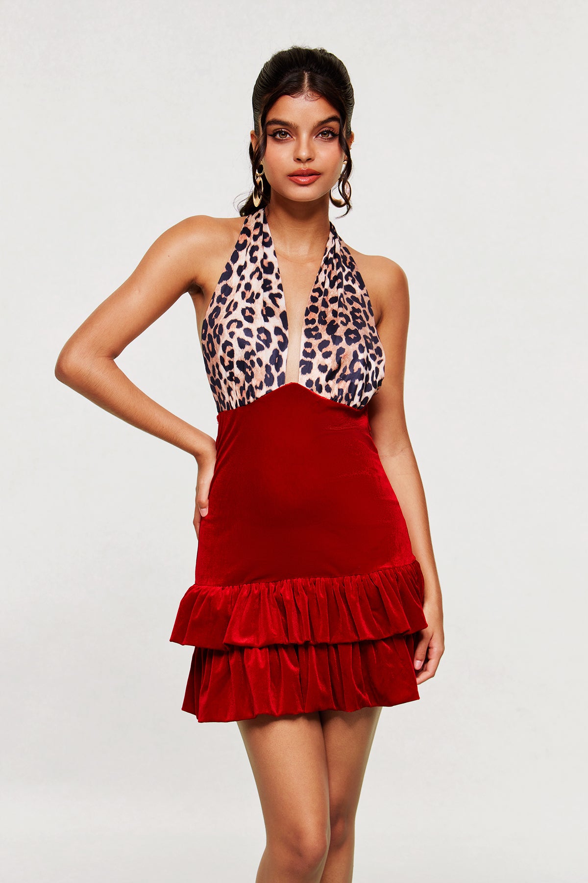 Beale Leopard Plunge Ruffle Mini Dress