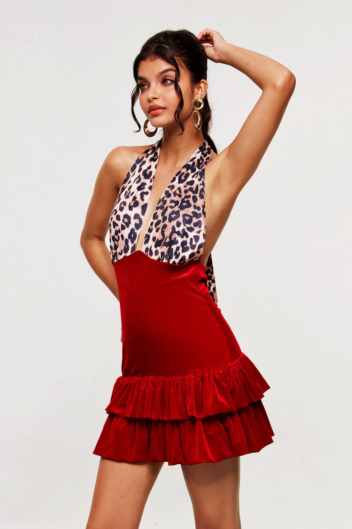 Beale Leopard Plunge Ruffle Mini Dress
