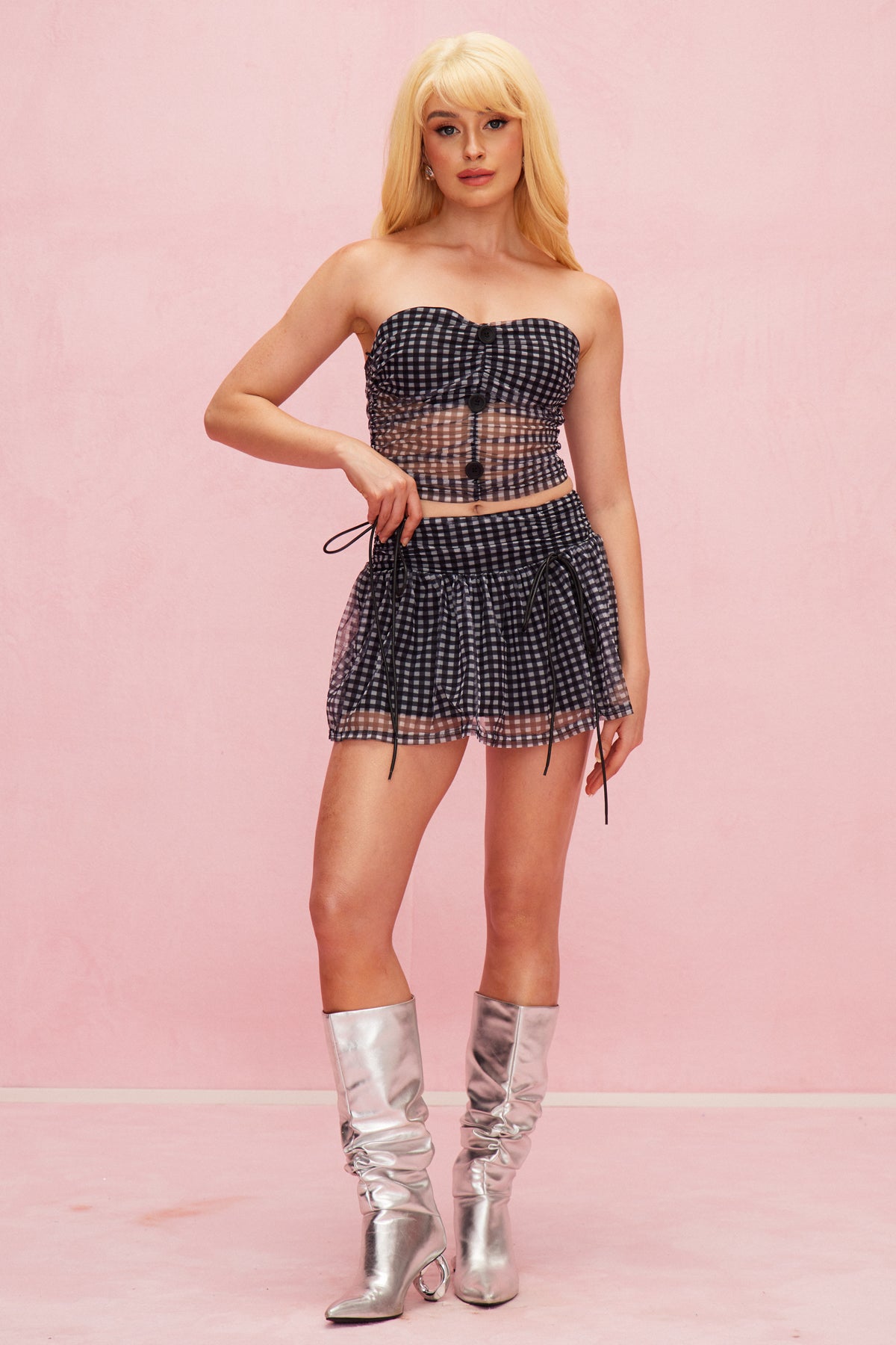 Bearnas Mesh Strapless Grid Ruffle Skirt Set