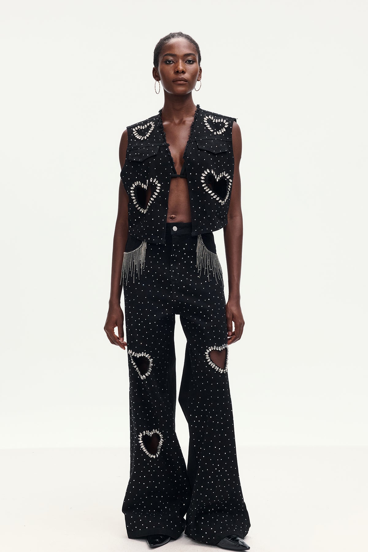 Beat Rhinestone Cutout Love Denim Pants Set