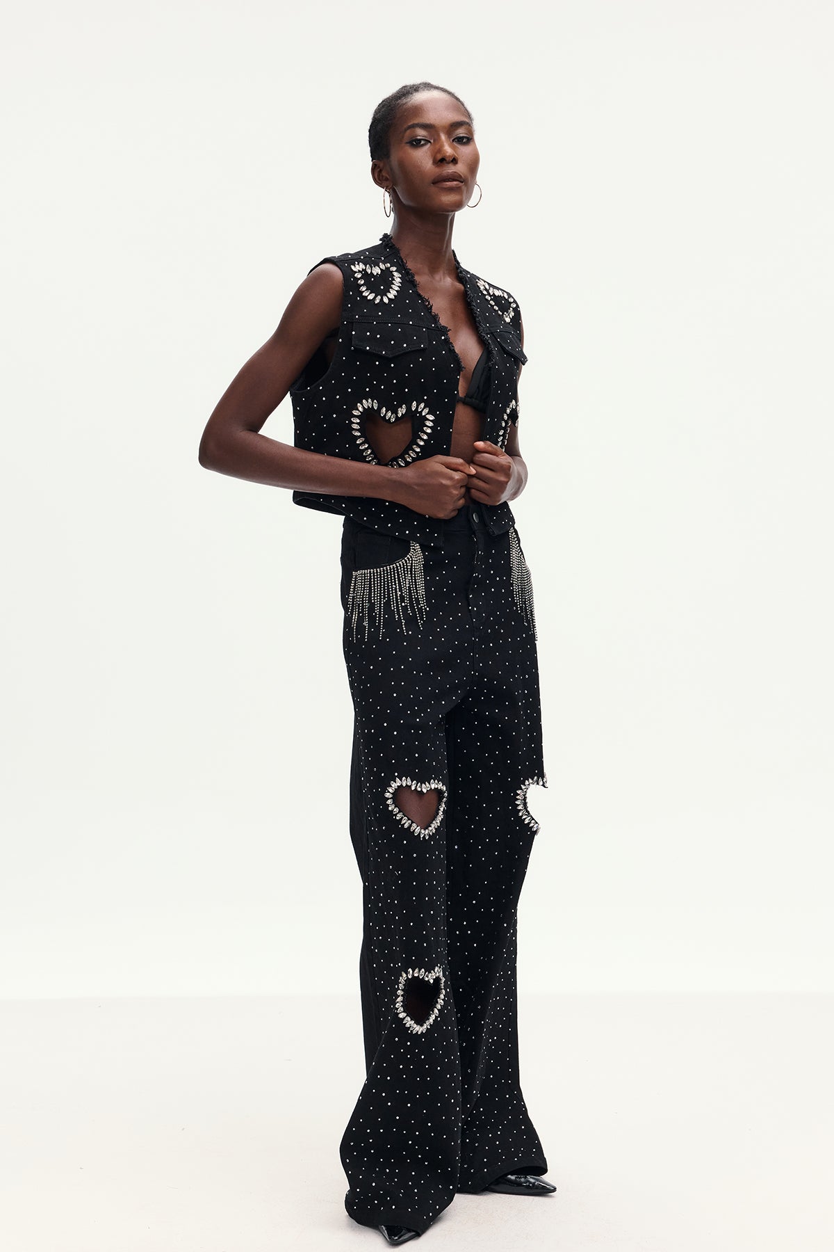 Beat Rhinestone Cutout Love Denim Pants Set