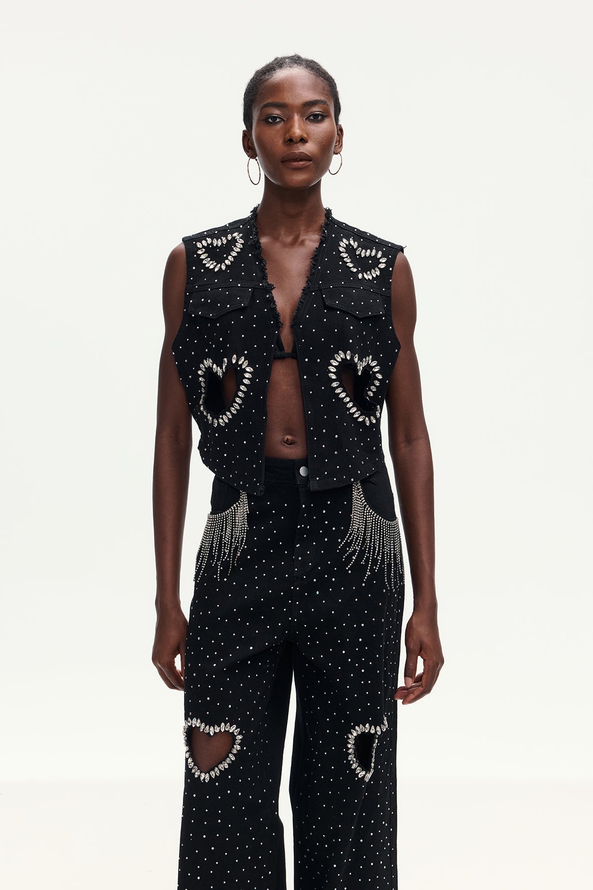 Beat Rhinestone Cutout Love Denim Pants Set