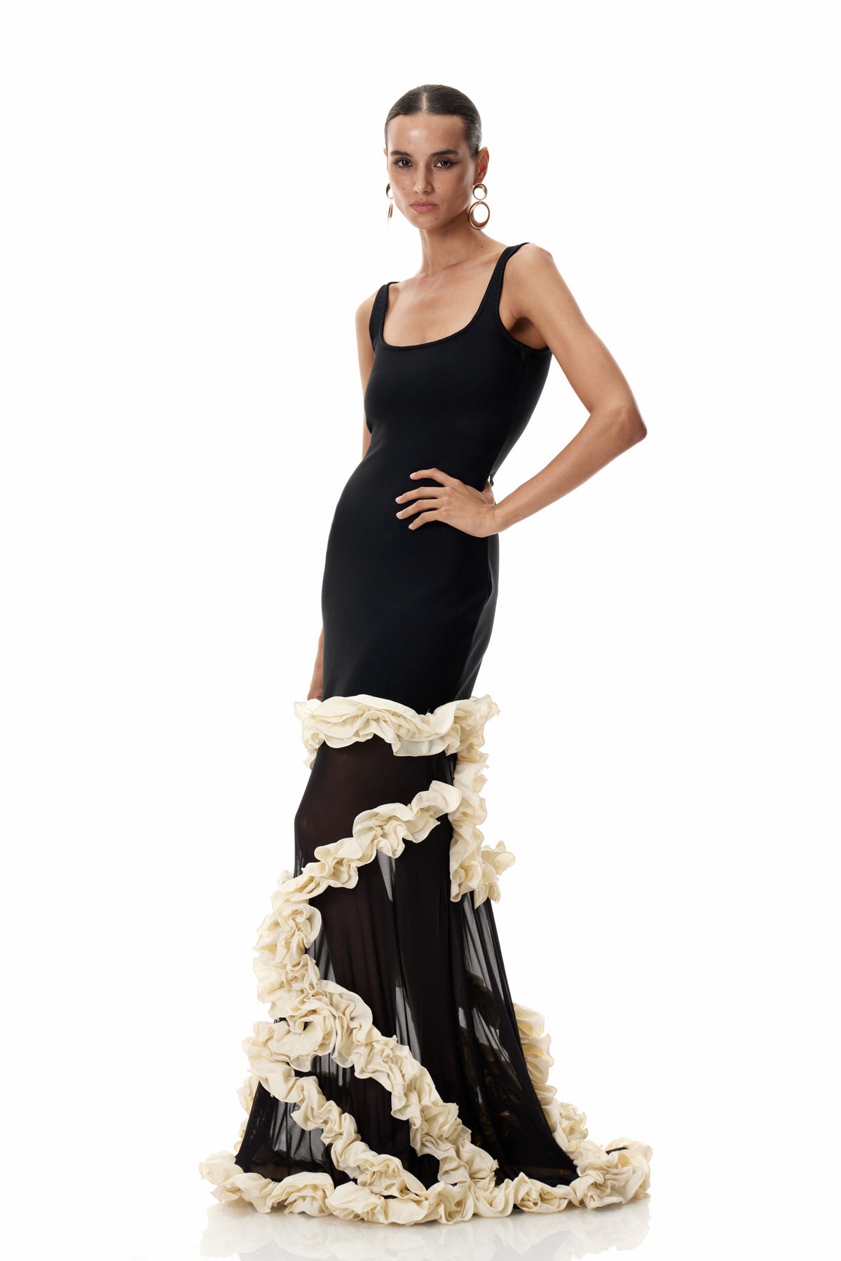 Beckah Mesh Ruffle Asymmetric Maxi Dress