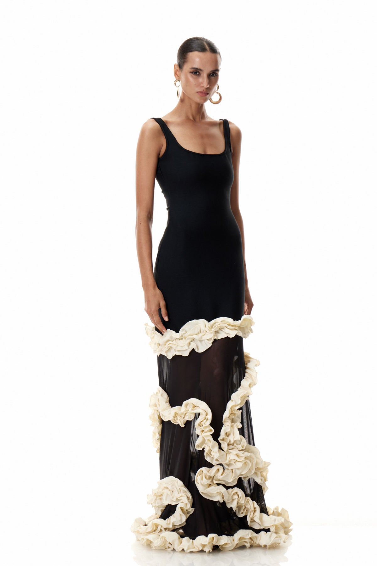 Beckah Mesh Ruffle Asymmetric Maxi Dress