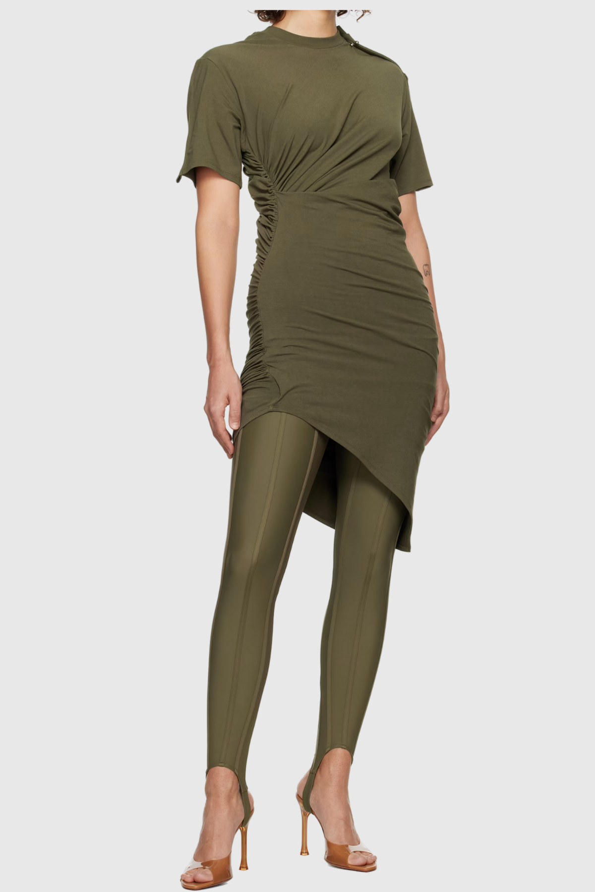 Belgin Ruch Asymmetric Short Sleeve Mini Dress In Green