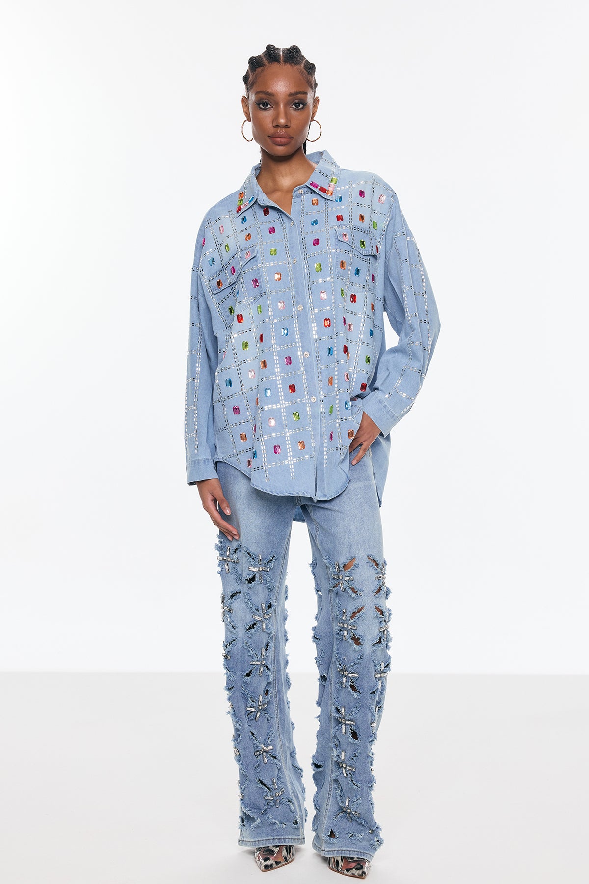 Belisario Rhinestone Grid Denim Shirt
