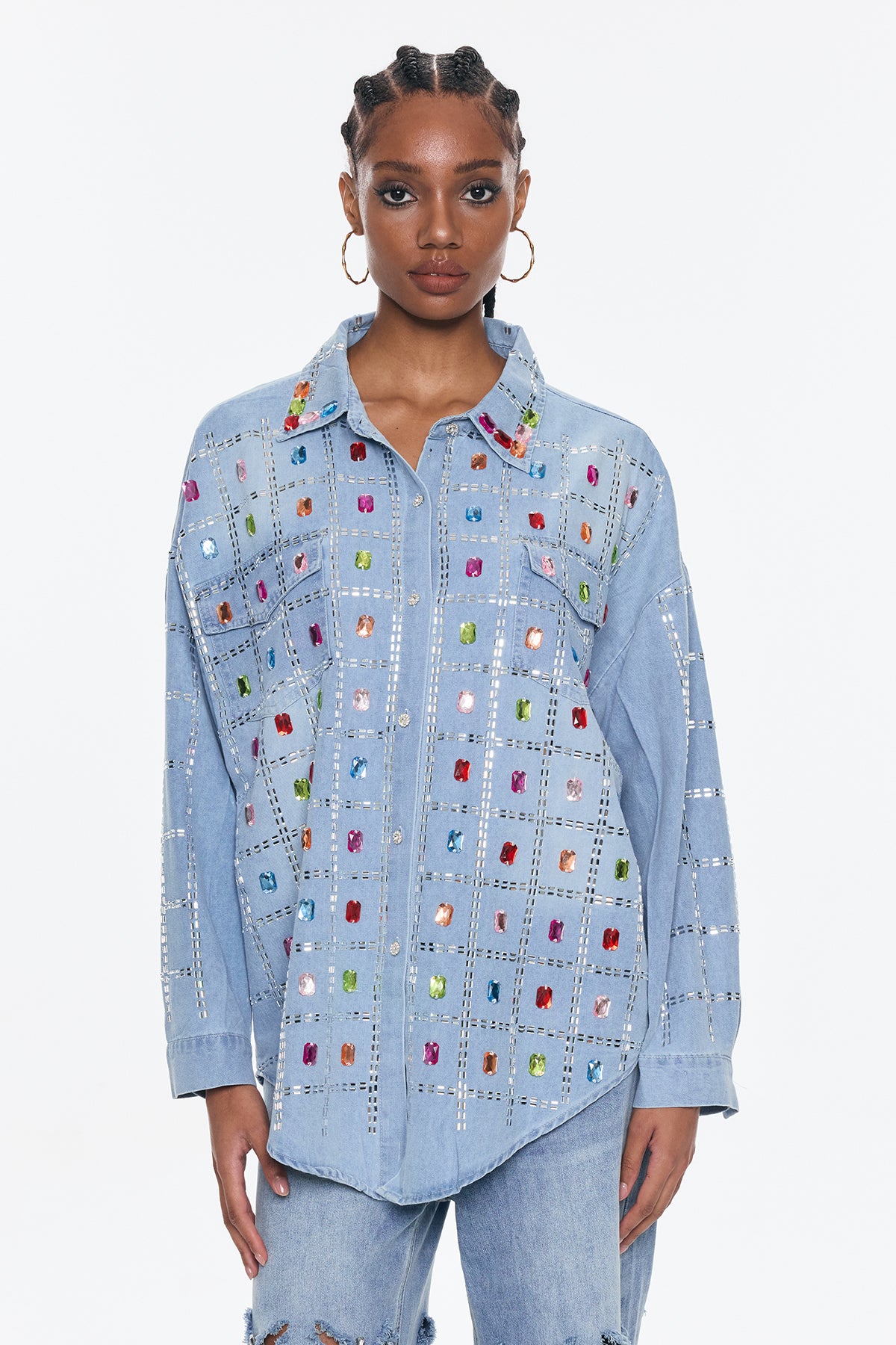 Belisario Rhinestone Grid Denim Shirt
