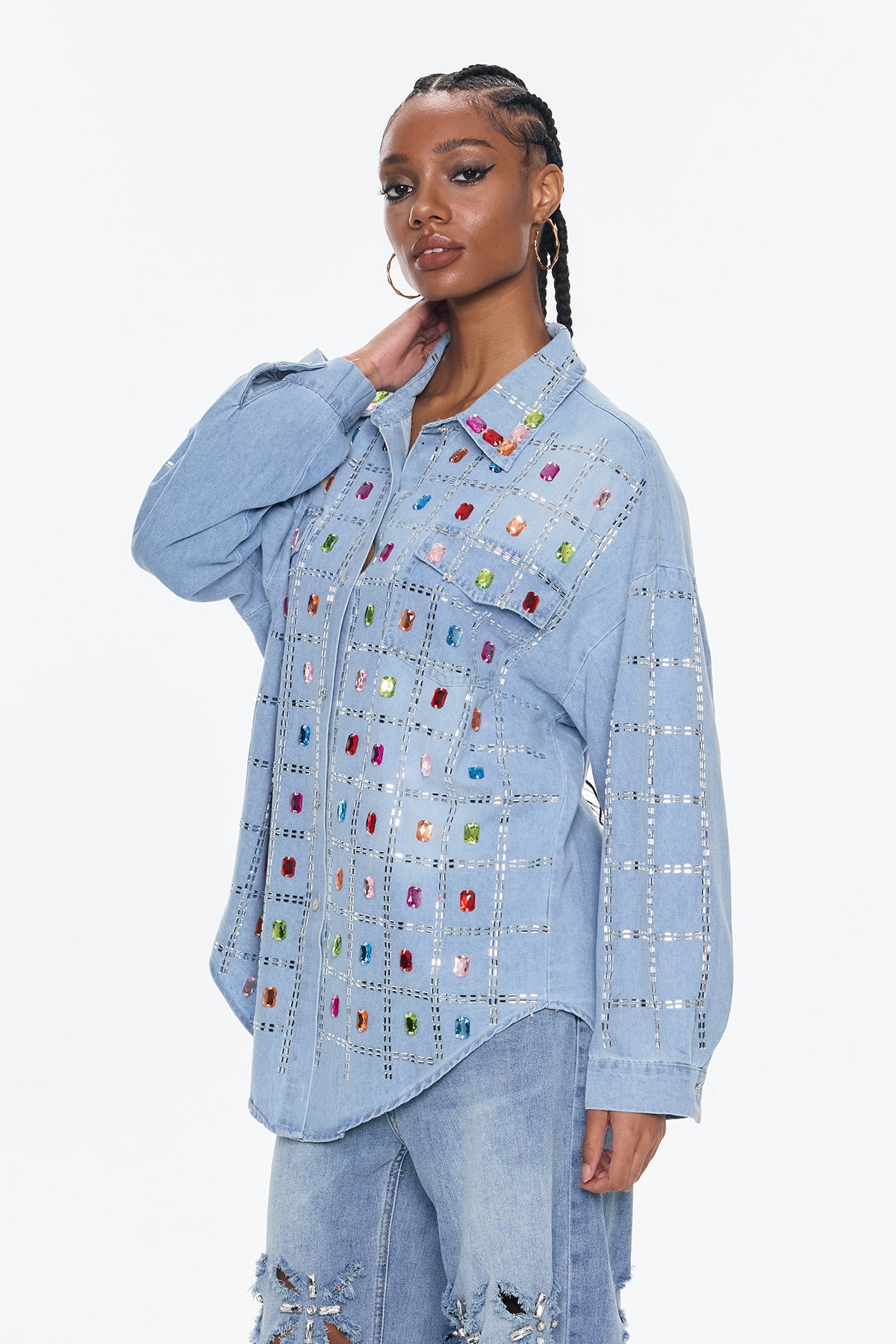 Belisario Rhinestone Grid Denim Shirt