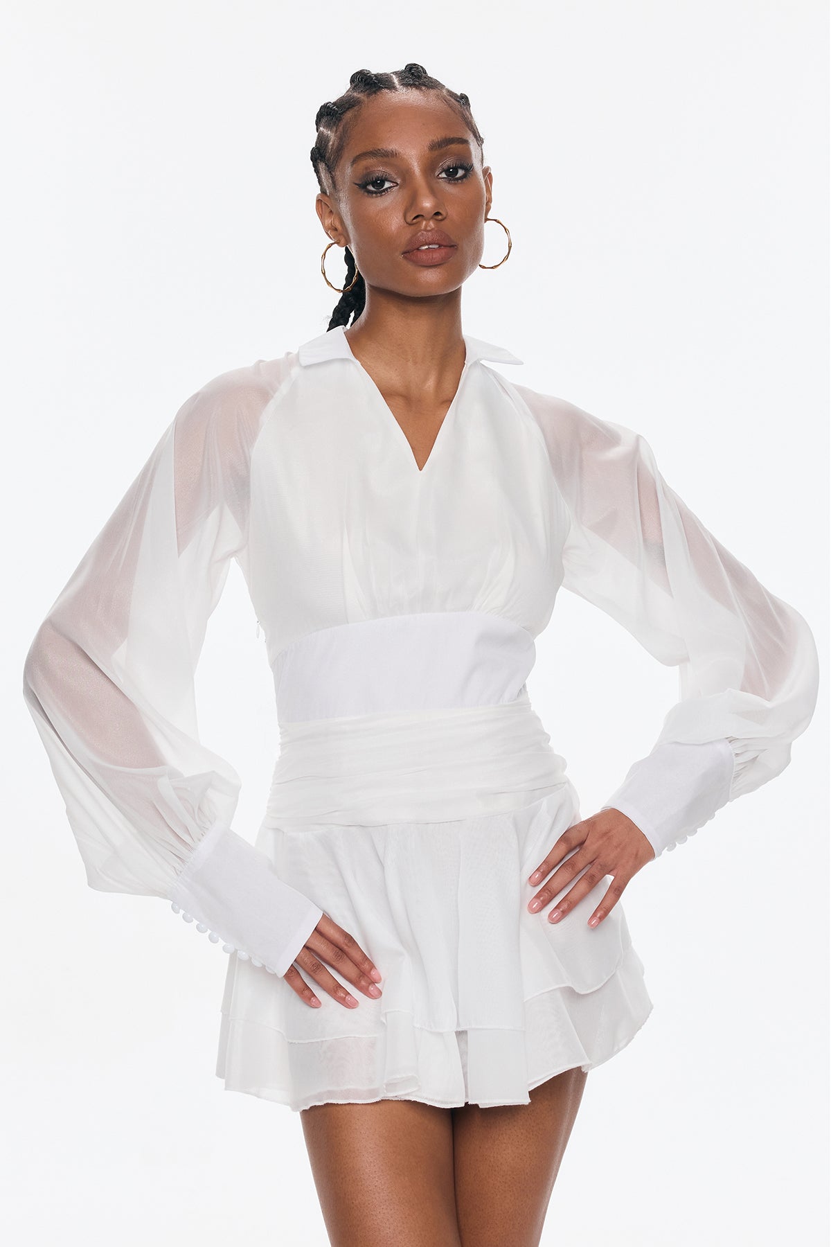 Bellachay Plunge Ruch Ruffle Mesh Mini Dress