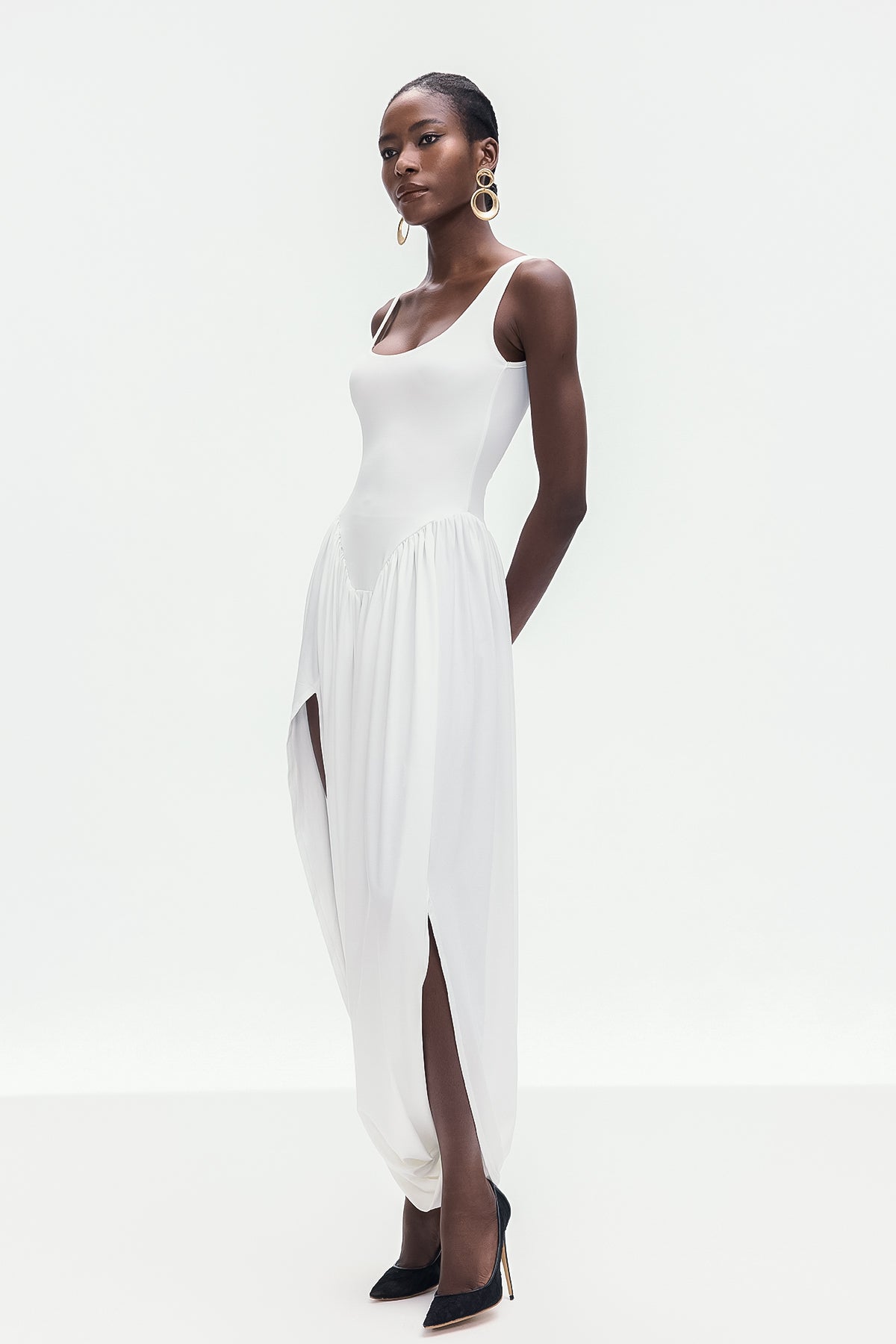 Bellamy Asymmetric Ruch Sleeveless Maxi Dress