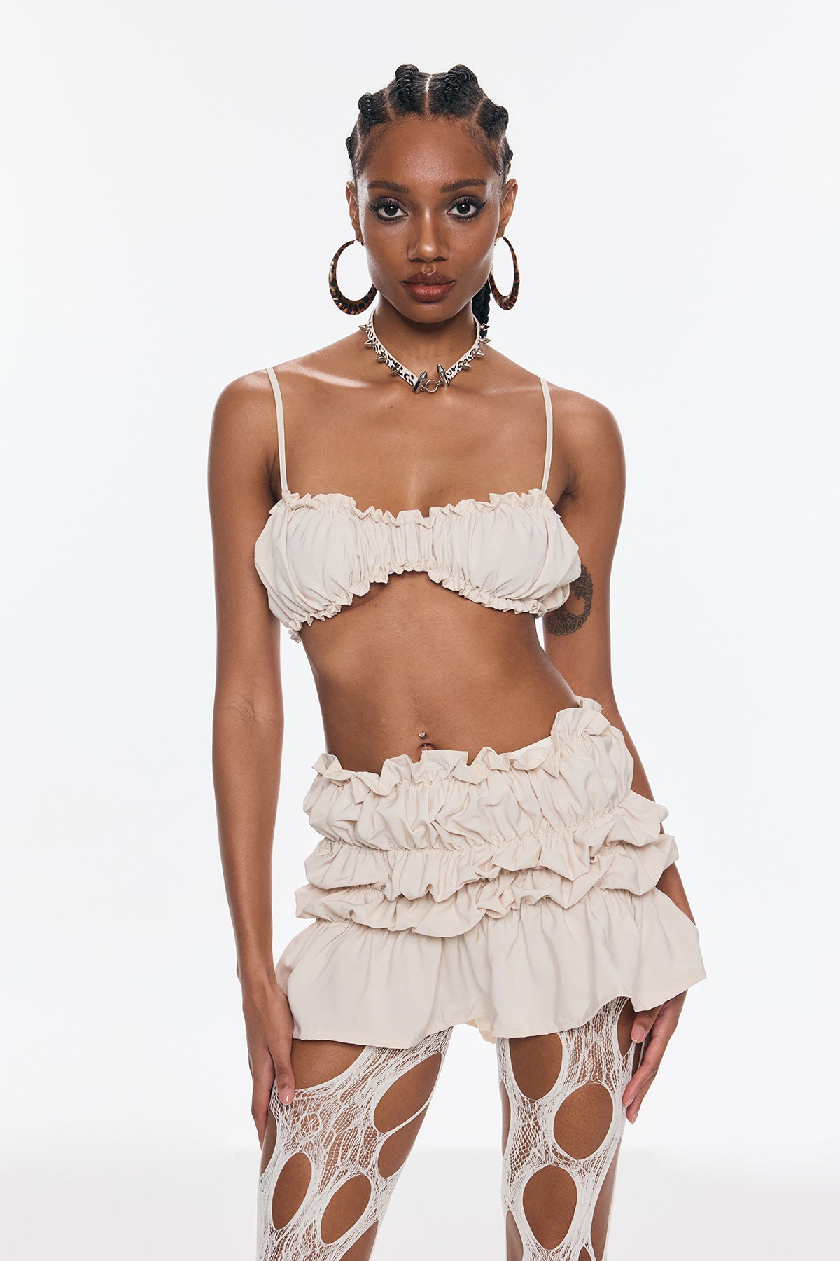 Benedict Ruffle Spaghetti Skirt Set In Apricot