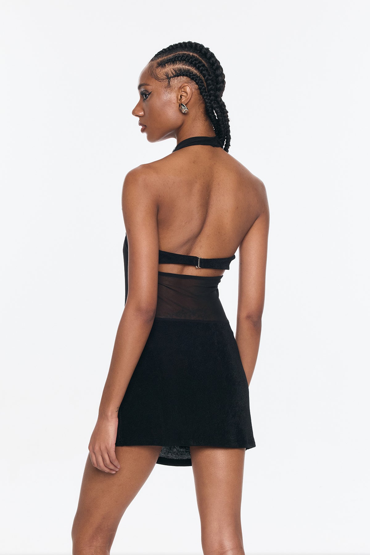 Beno Mesh Plunge Ruch Halter Neck Mini Dress
