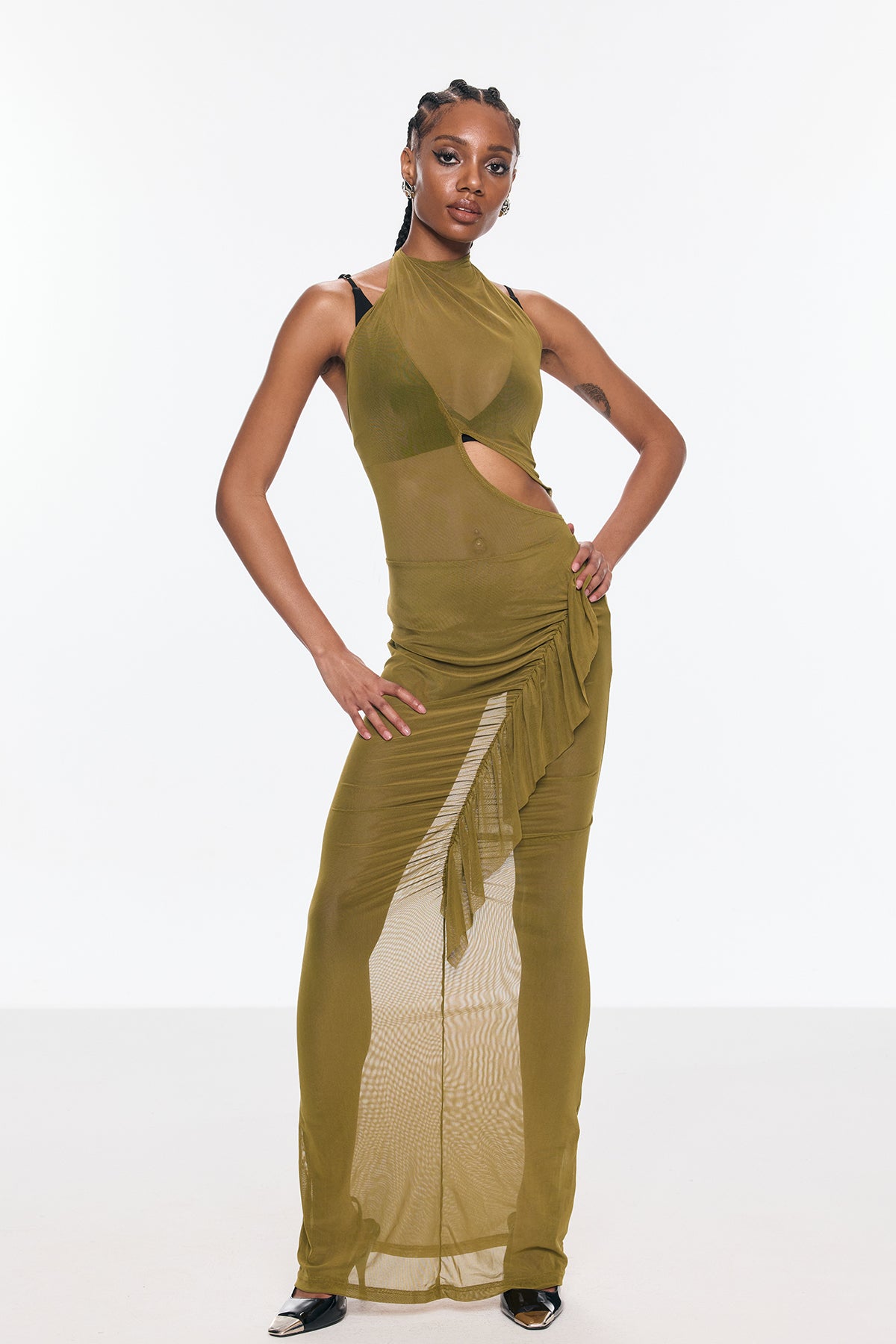 Beonica Mesh Ruch Asymmetric Cutout Maxi Dress