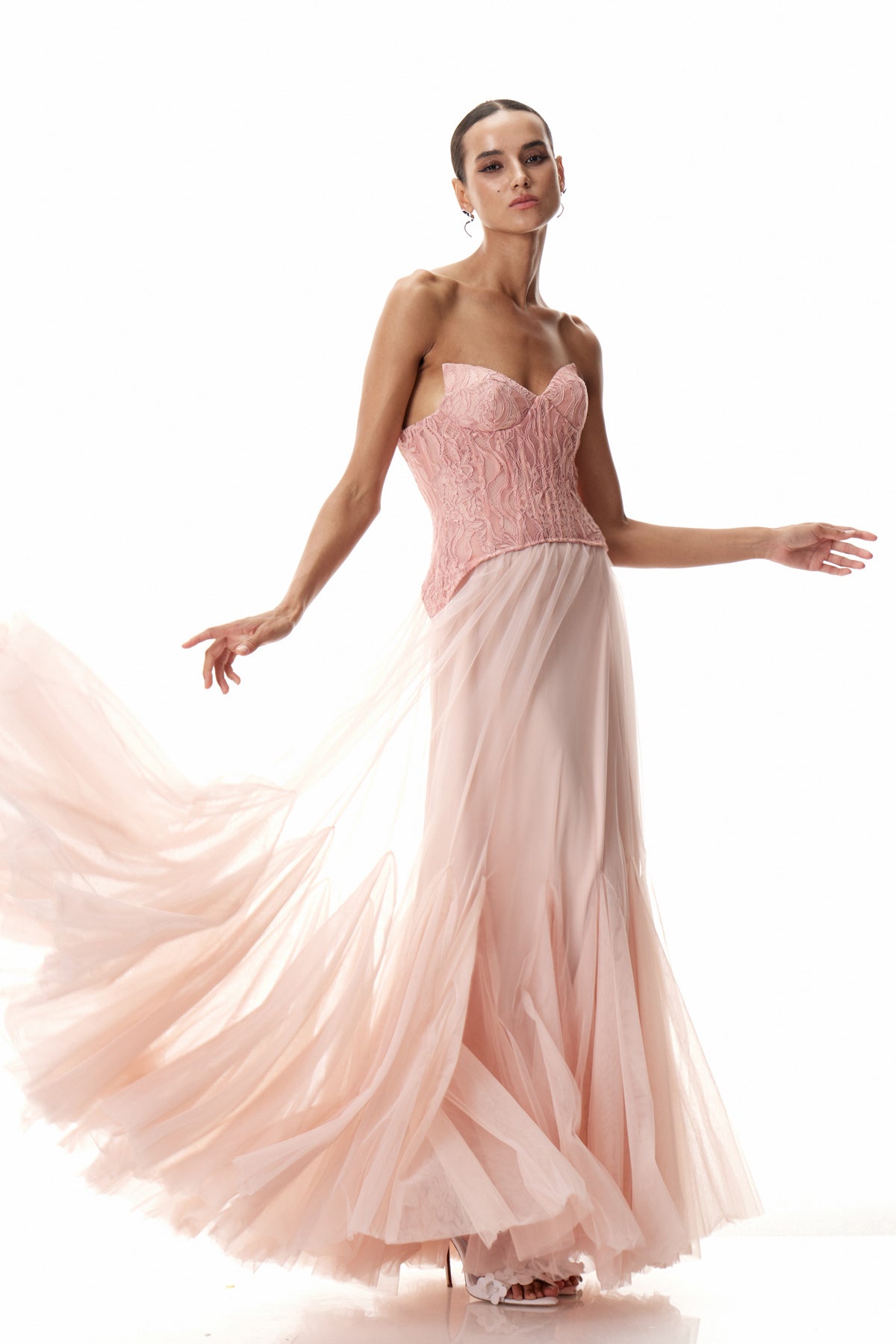 Beppe Lace Corset Tulle Dress In Blush