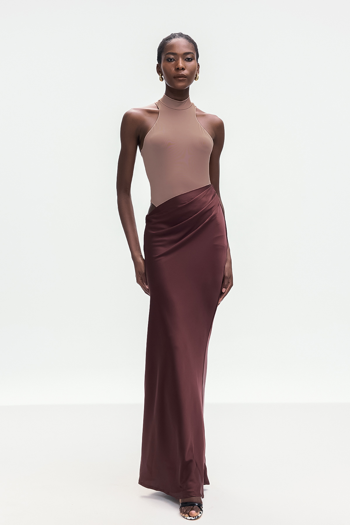 Beres Tank Top Satin Maxi Dress In Khaki