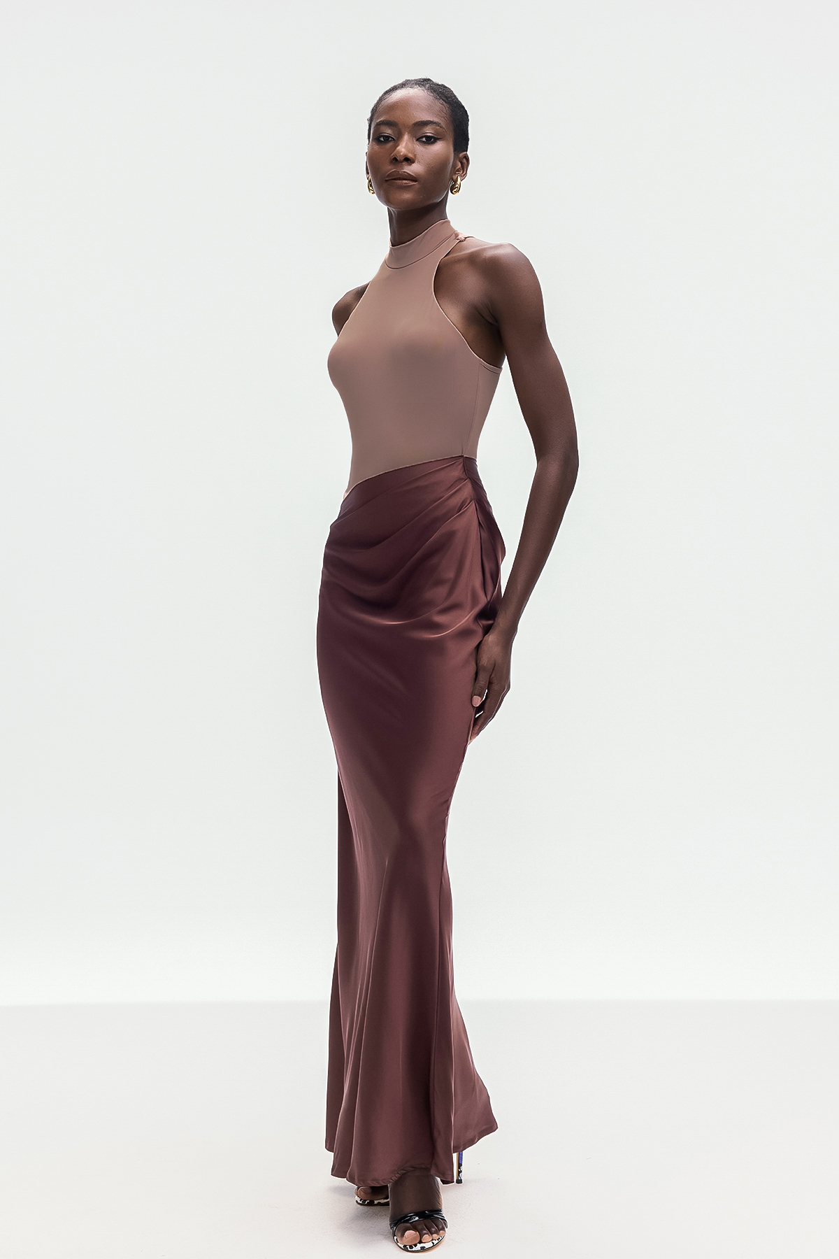 Beres Tank Top Satin Maxi Dress In Khaki