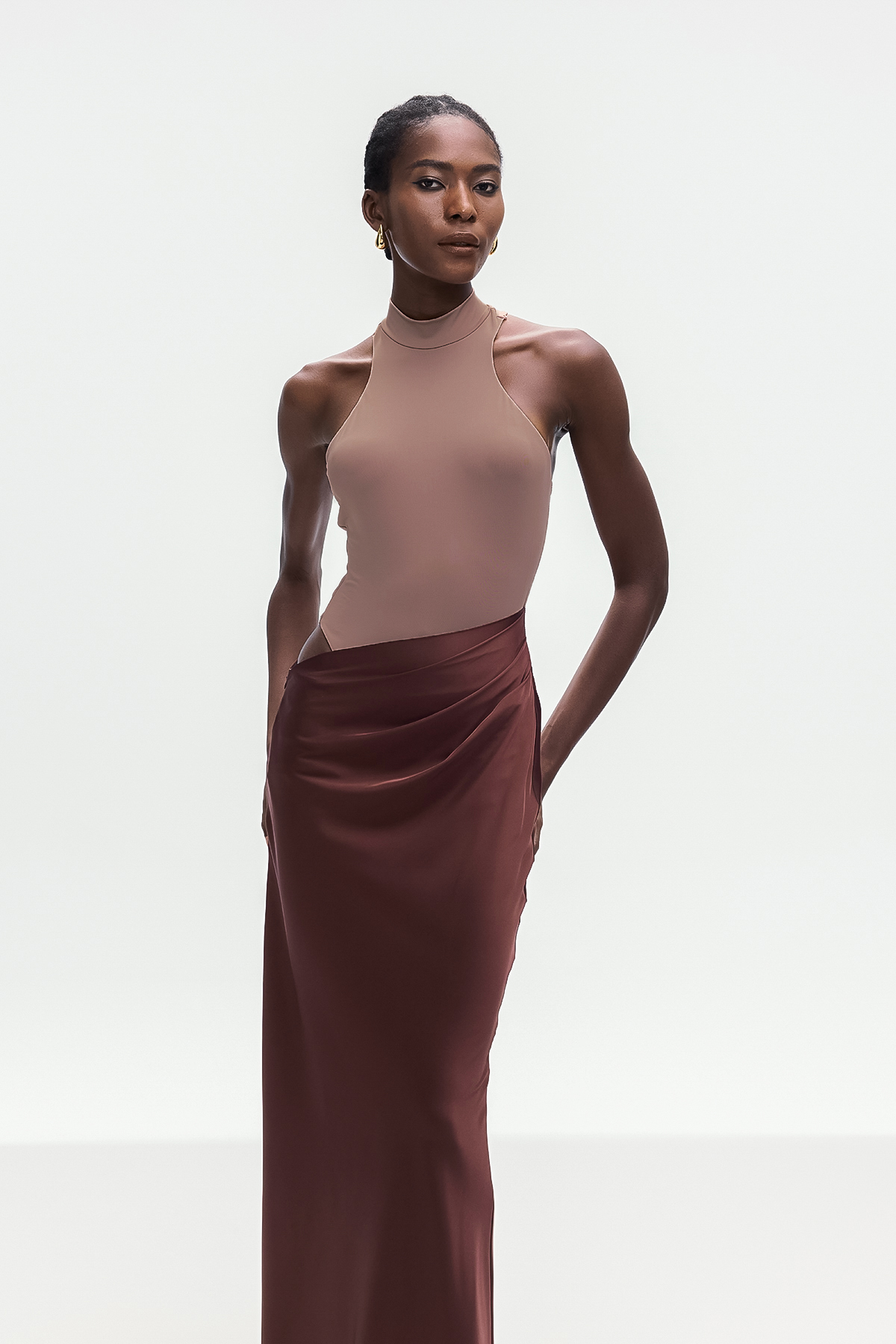 Beres Tank Top Satin Maxi Dress In Khaki