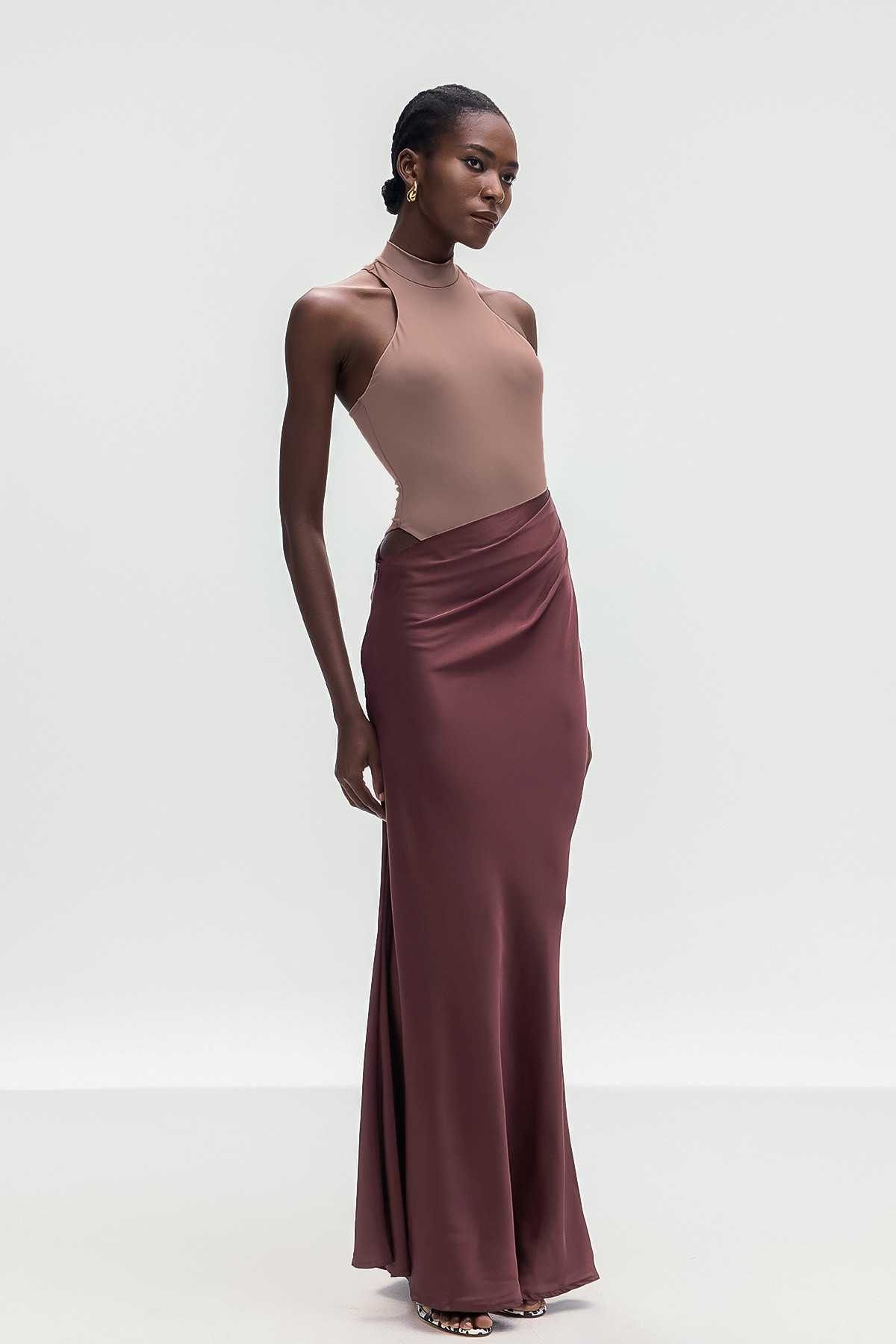 Beres Tank Top Satin Maxi Dress In Khaki