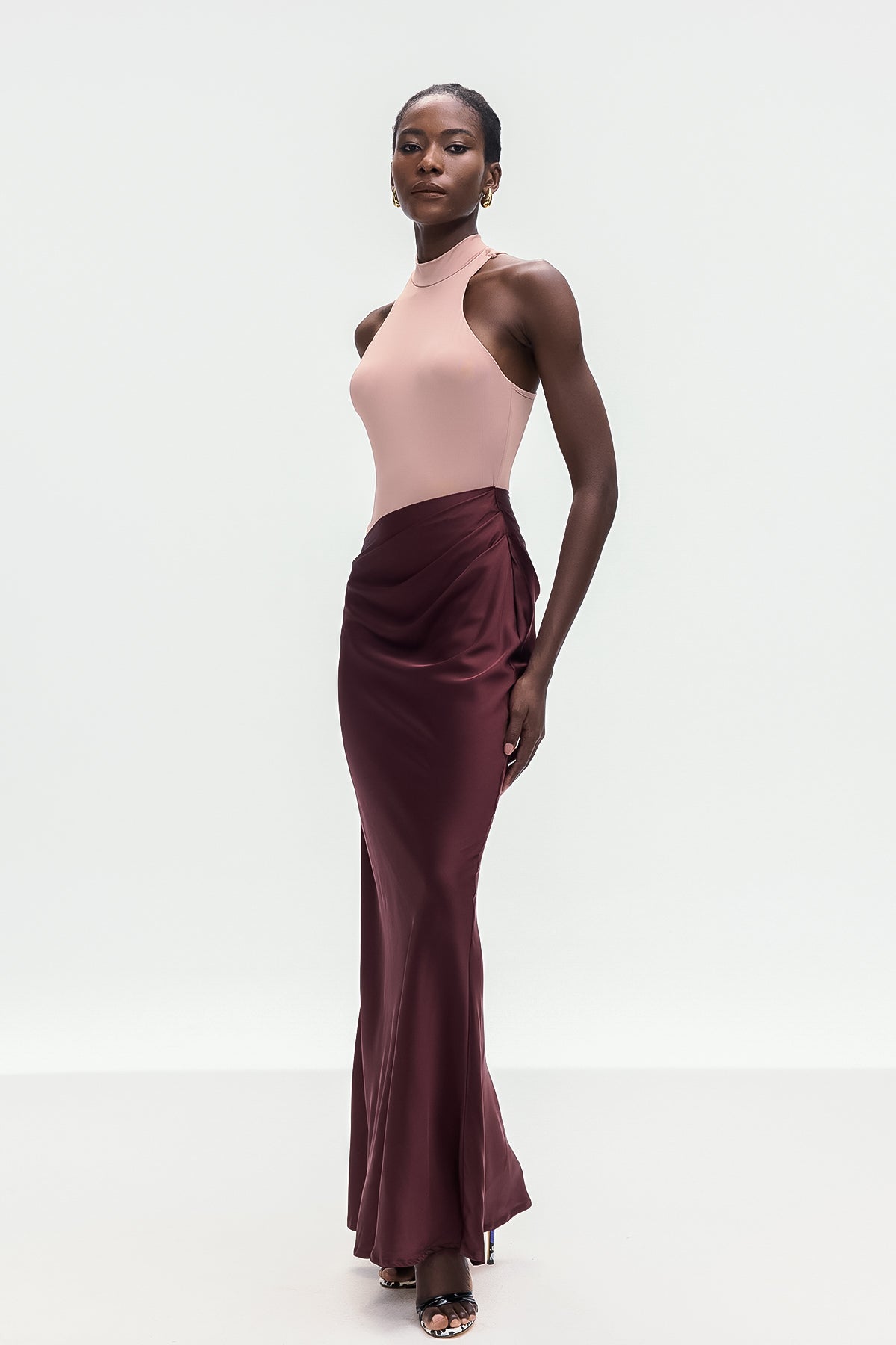 Beres Tank Top Satin Maxi Dress In Khaki