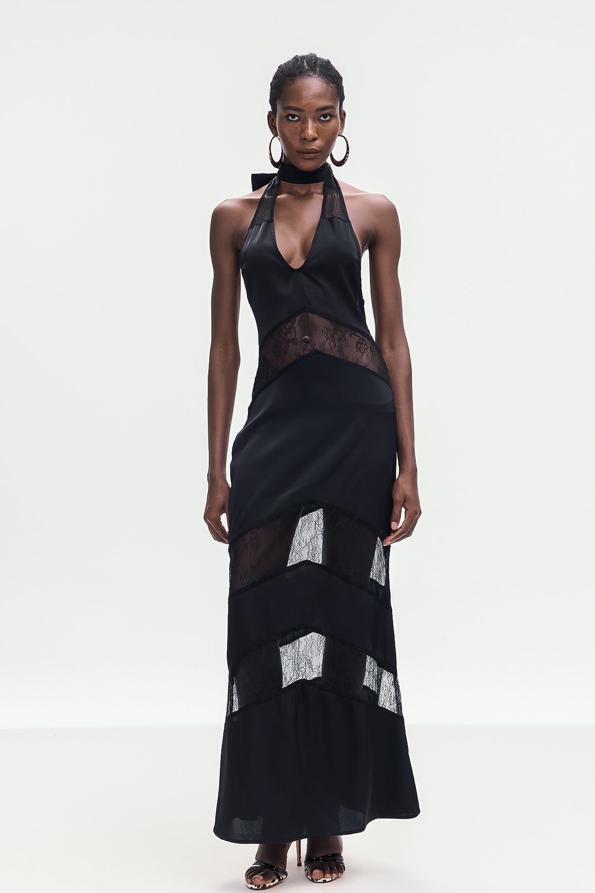 Bernal Satin Lace Cutout Floral Maxi Dress In Black