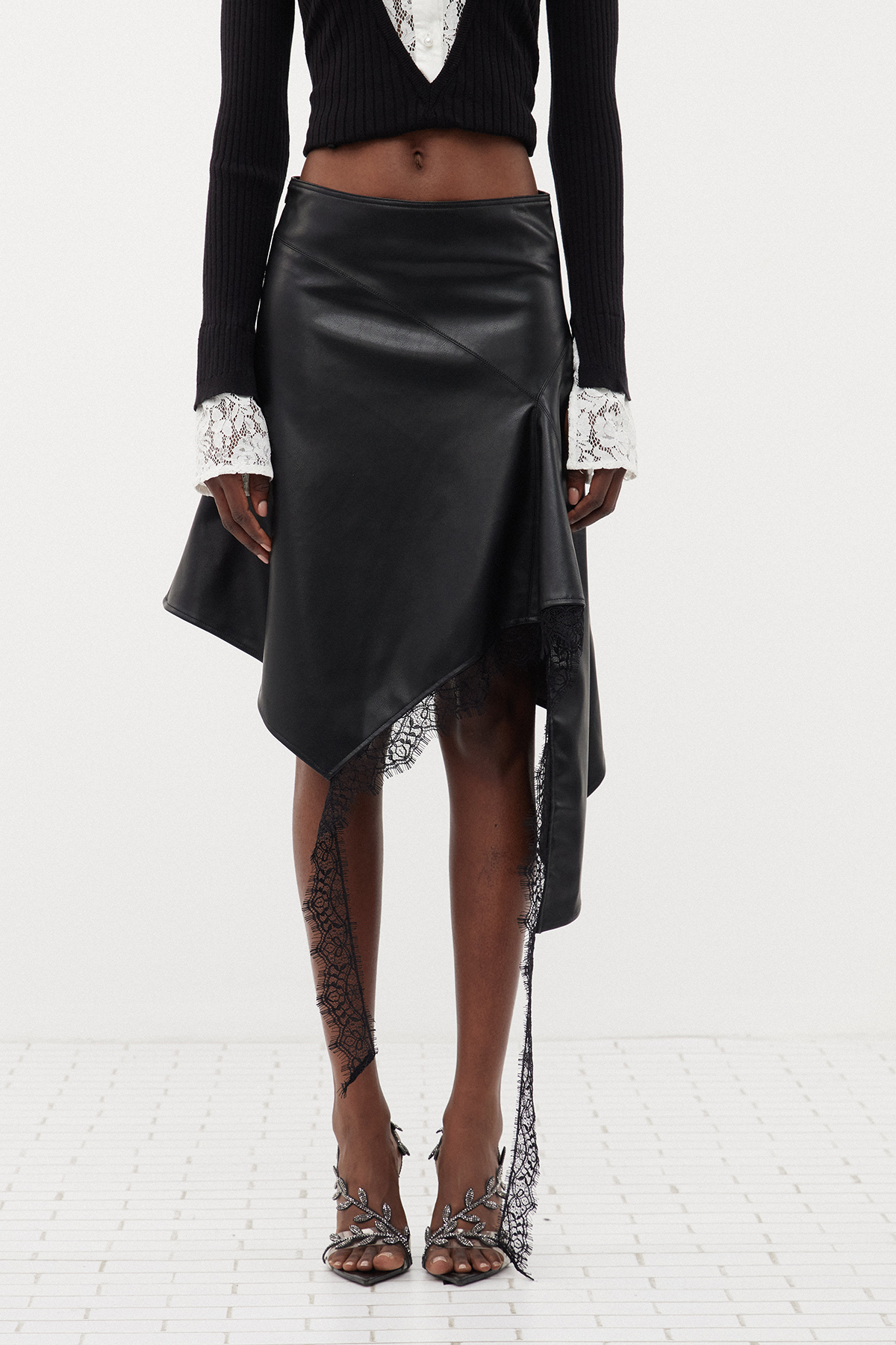 Bess Asymmetric Lace Leather Mini Skirt