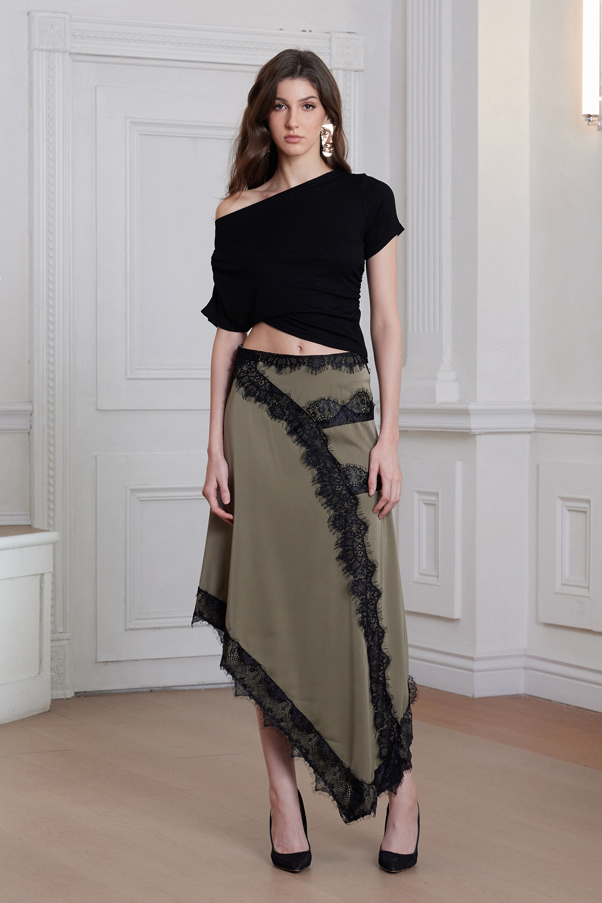 Bess Asymmetric Lace Satin Maxi Dress