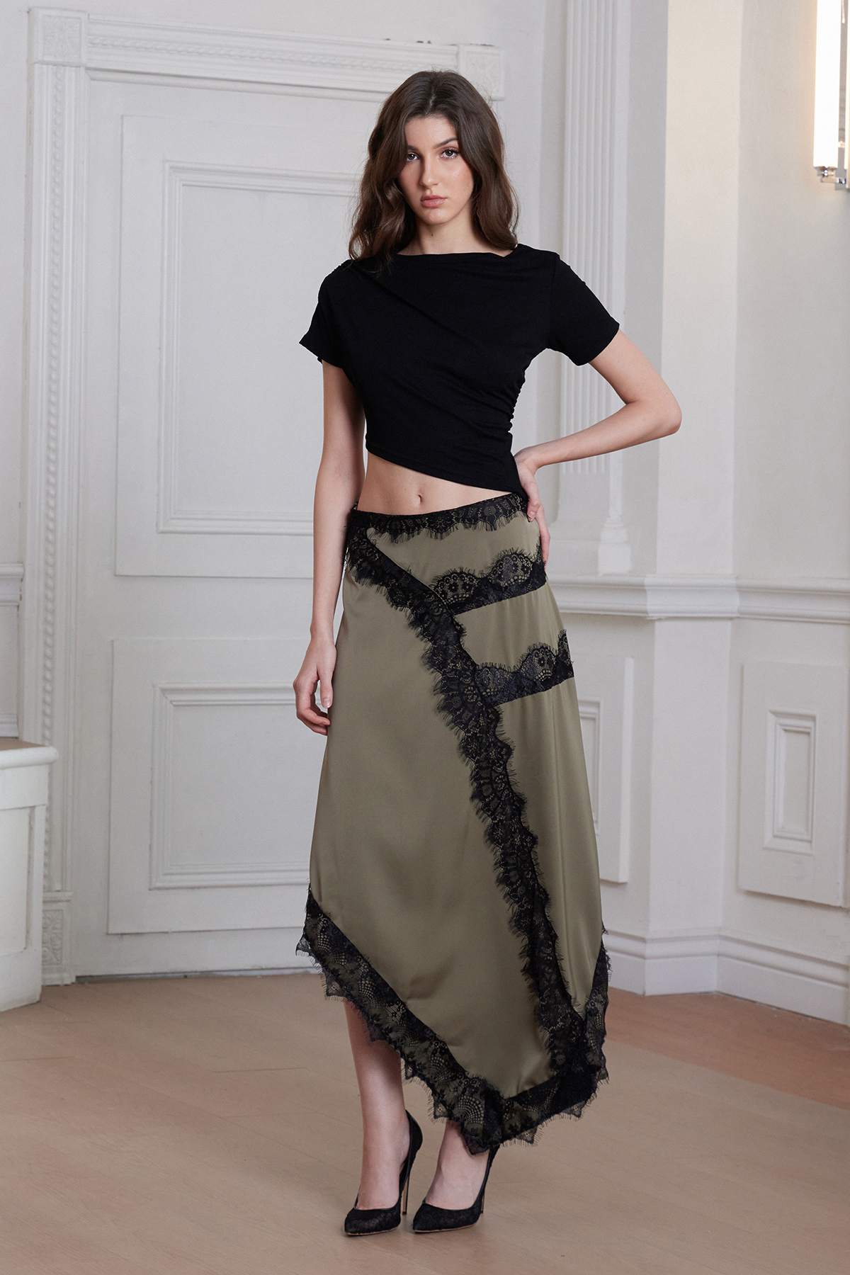 Bess Asymmetric Lace Satin Maxi Dress