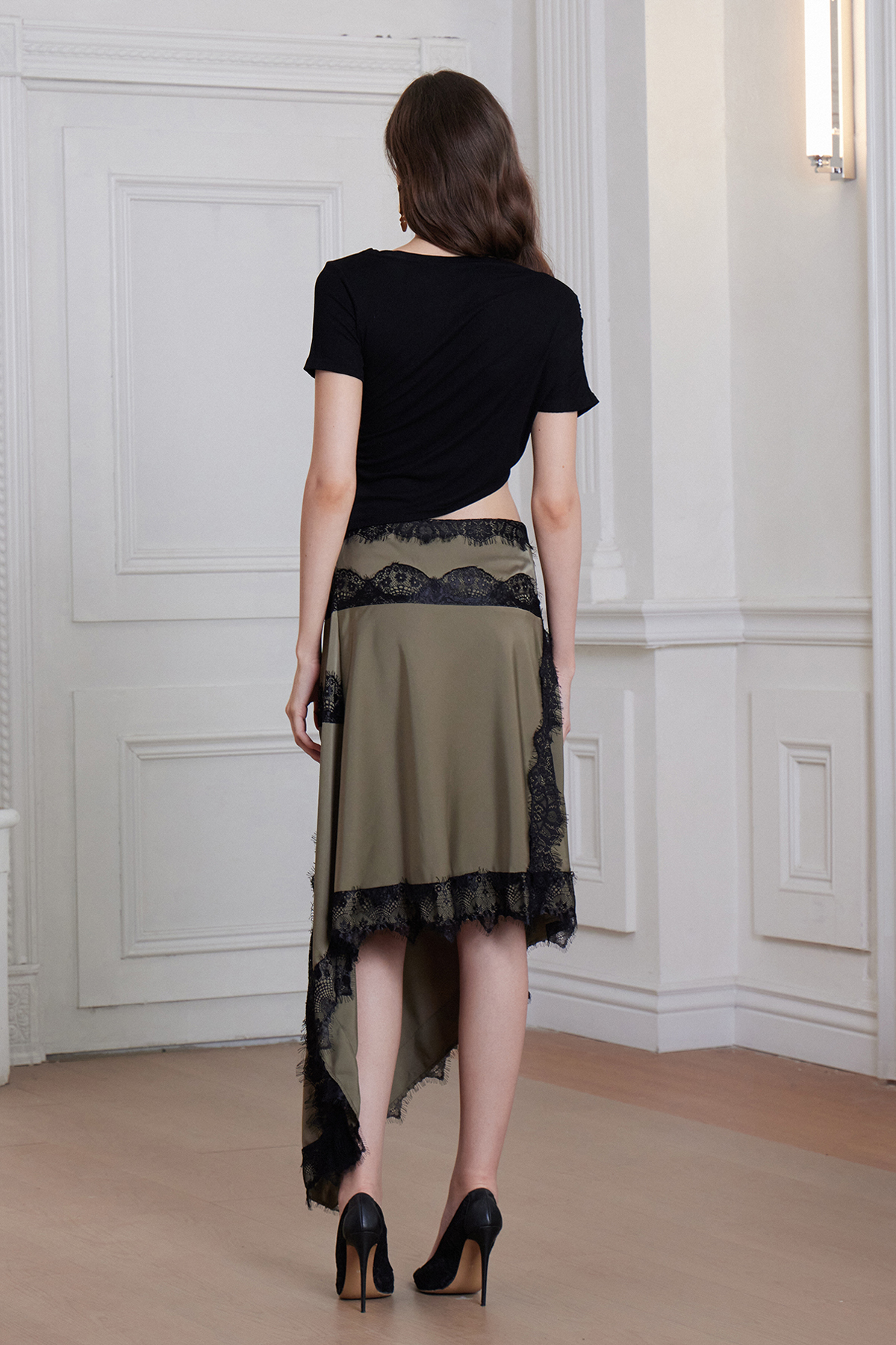 Bess Asymmetric Lace Satin Maxi Dress